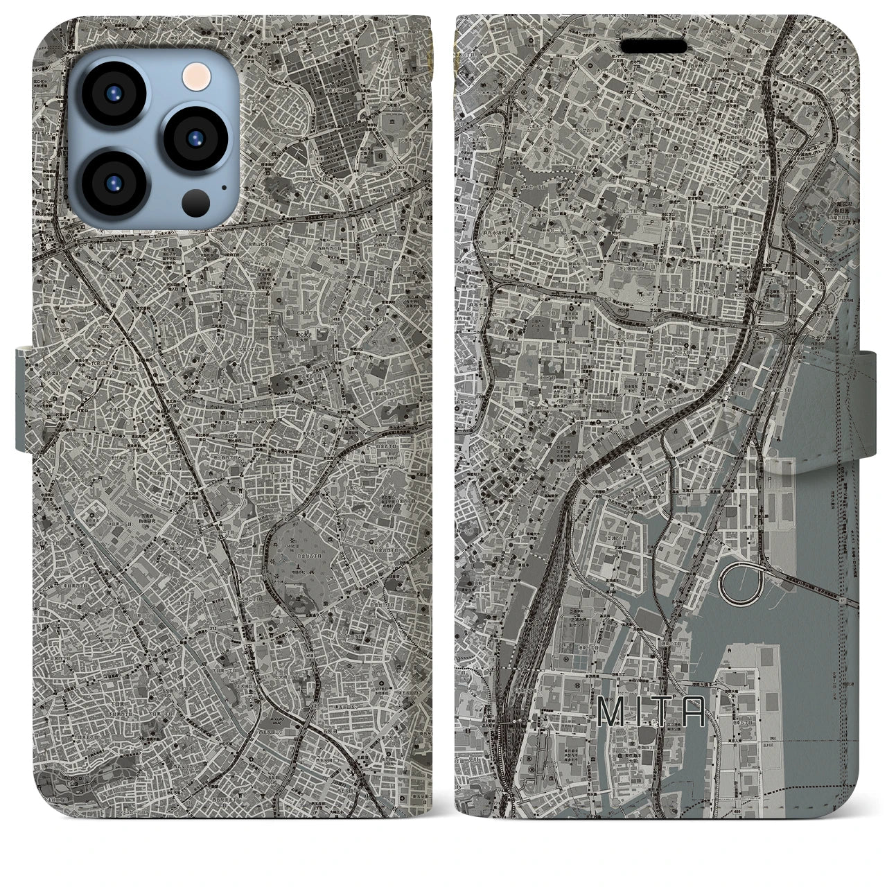 【三田(東京都)】地図柄iPhoneケース(手帳タイプ)モノトーン・iPhone 13 Pro Max 用