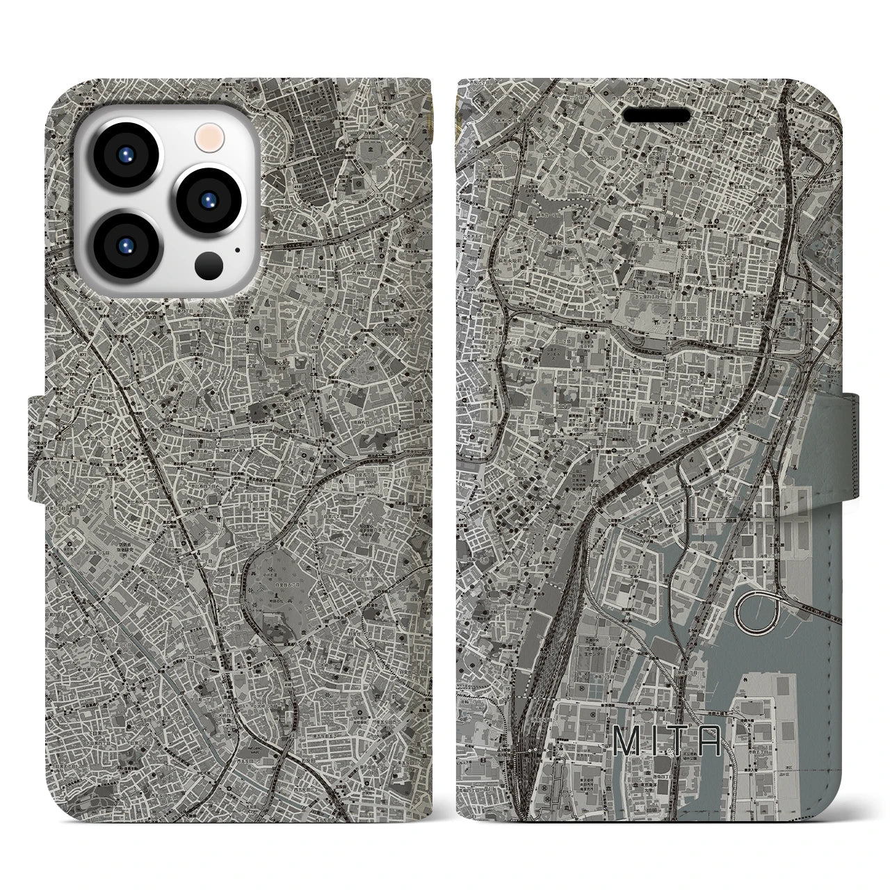 【三田(東京都)】地図柄iPhoneケース(手帳タイプ)モノトーン・iPhone 13 Pro 用