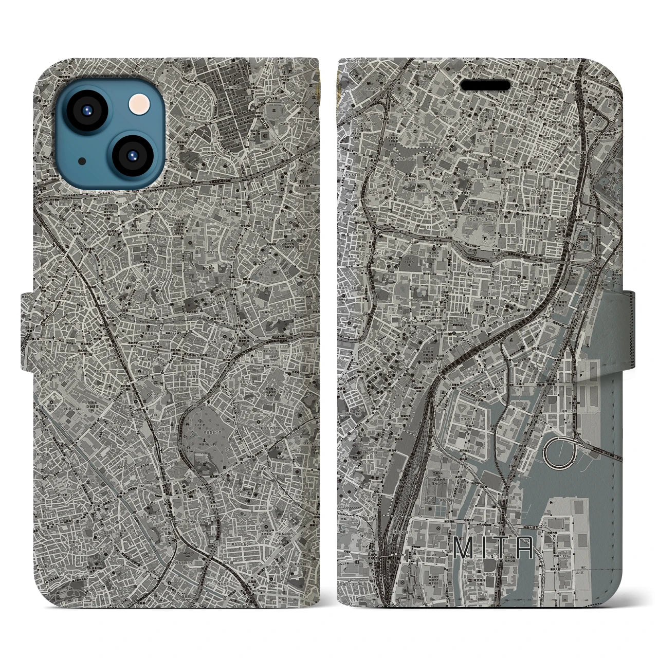 【三田(東京都)】地図柄iPhoneケース(手帳タイプ)モノトーン・iPhone 13 用