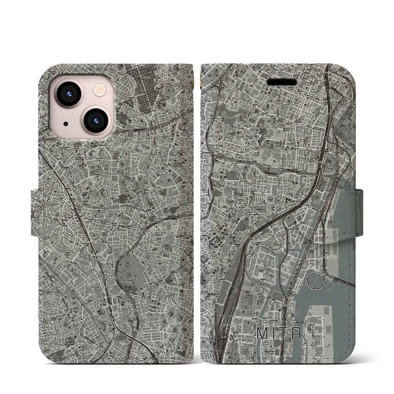 【三田(東京都)】地図柄iPhoneケース(手帳タイプ)モノトーン・iPhone 13 mini 用