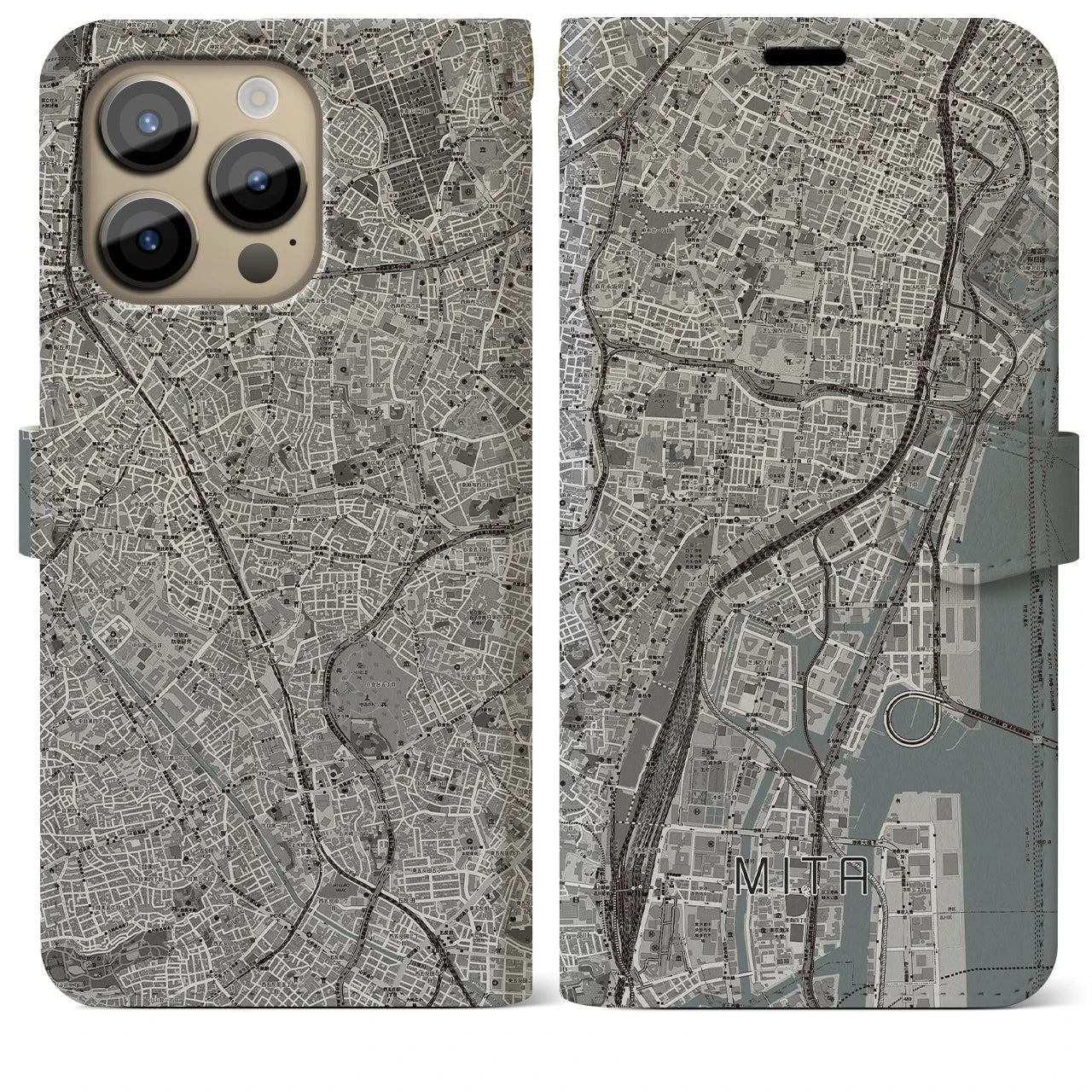 【三田(東京都)】地図柄iPhoneケース(手帳タイプ)モノトーン・iPhone 14 Pro Max 用