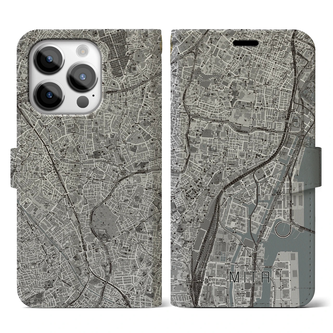 【三田(東京都)】地図柄iPhoneケース(手帳タイプ)モノトーン・iPhone 14 Pro 用
