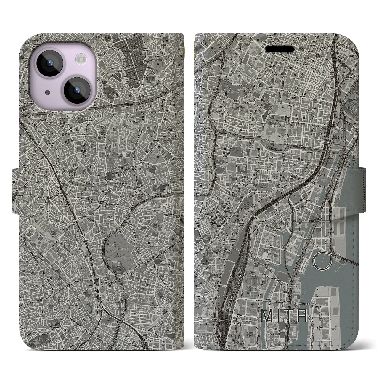 【三田(東京都)】地図柄iPhoneケース(手帳タイプ)モノトーン・iPhone 14 用