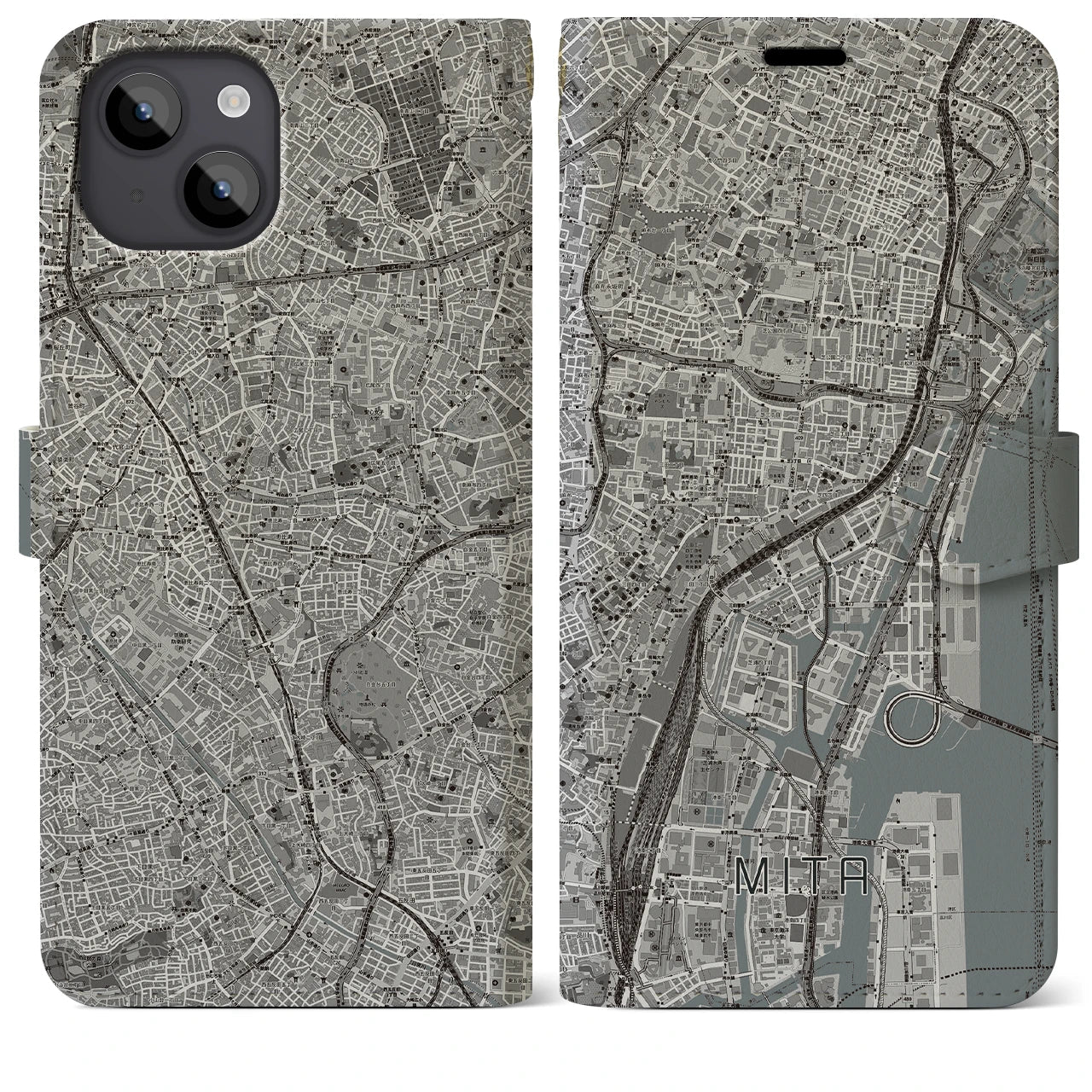 【三田(東京都)】地図柄iPhoneケース(手帳タイプ)モノトーン・iPhone 14 Plus 用