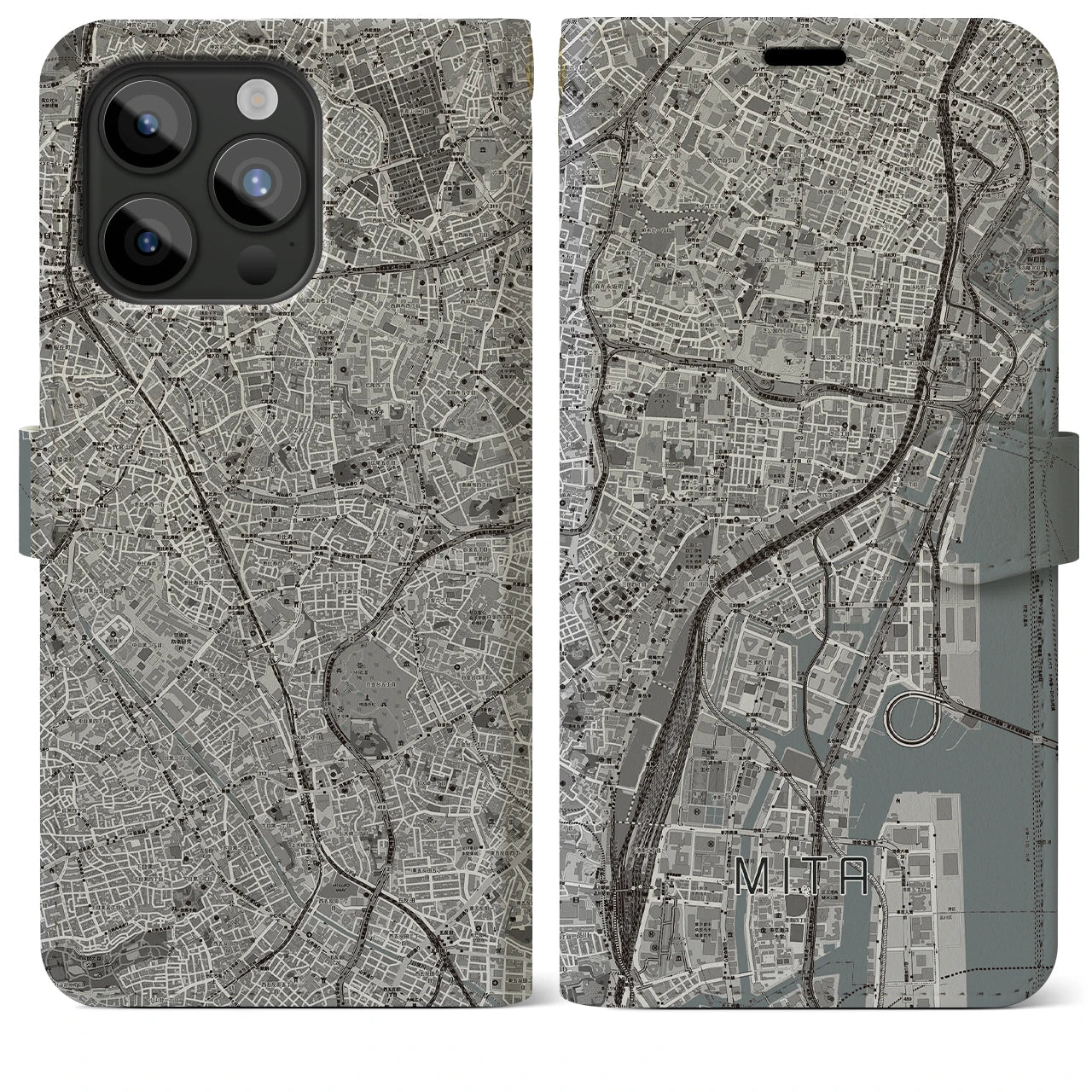 【三田(東京都)】地図柄iPhoneケース(手帳タイプ)モノトーン・iPhone 15 Pro Max 用