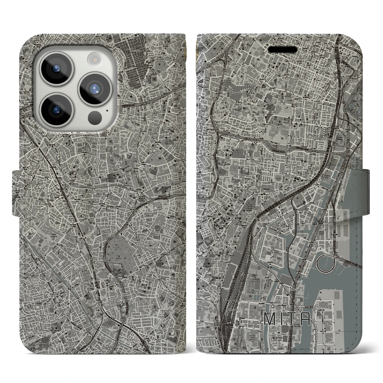 【三田(東京都)】地図柄iPhoneケース(手帳タイプ)モノトーン・iPhone 15 Pro 用