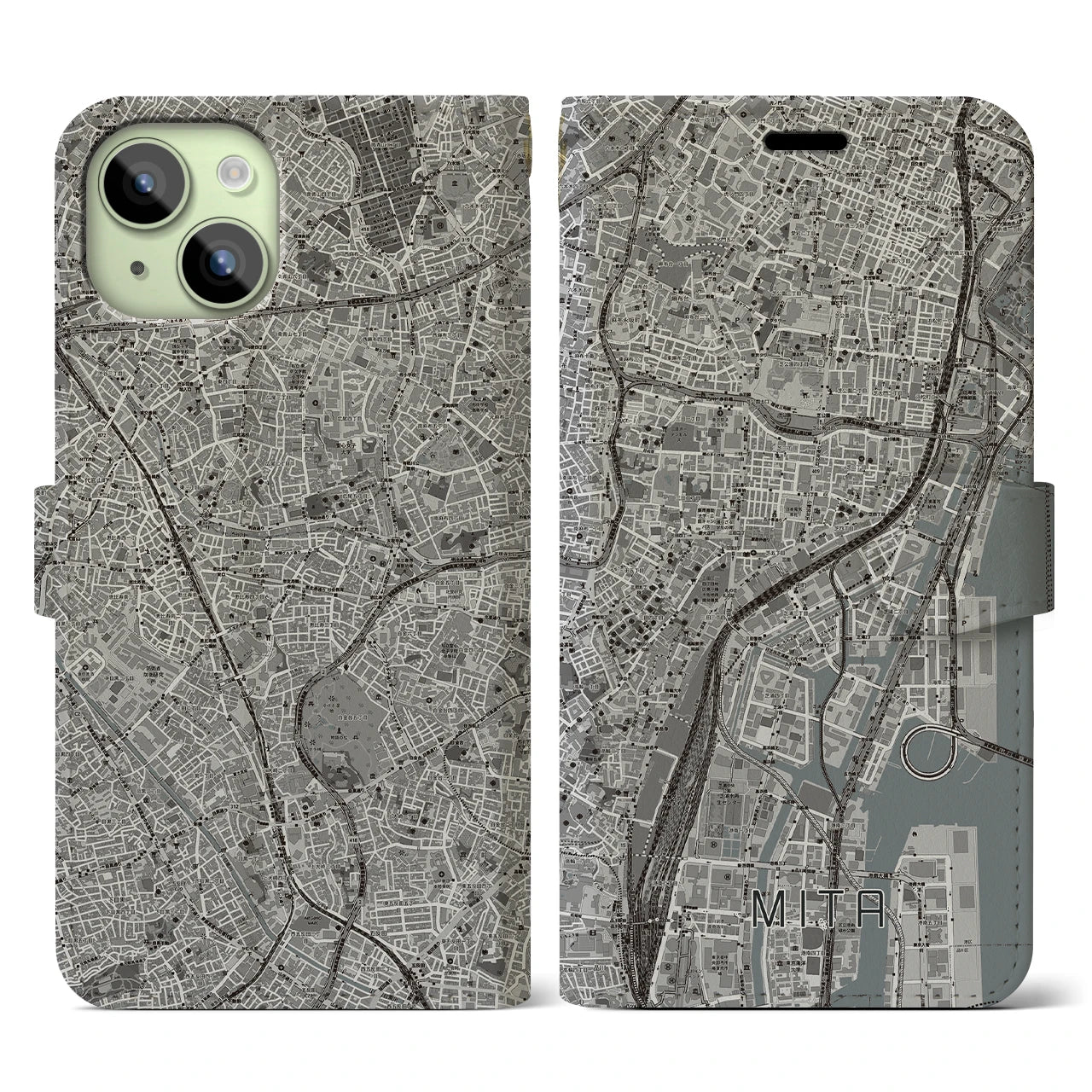 【三田(東京都)】地図柄iPhoneケース(手帳タイプ)モノトーン・iPhone 15 用