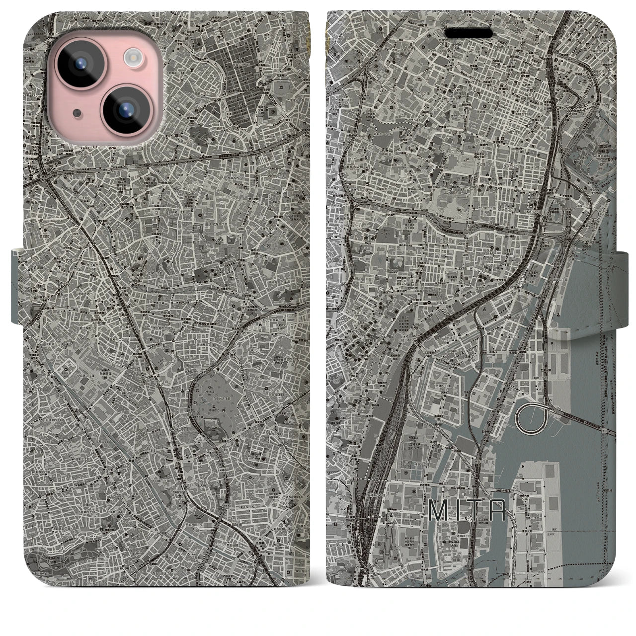 【三田(東京都)】地図柄iPhoneケース(手帳タイプ)モノトーン・iPhone 15 Plus 用