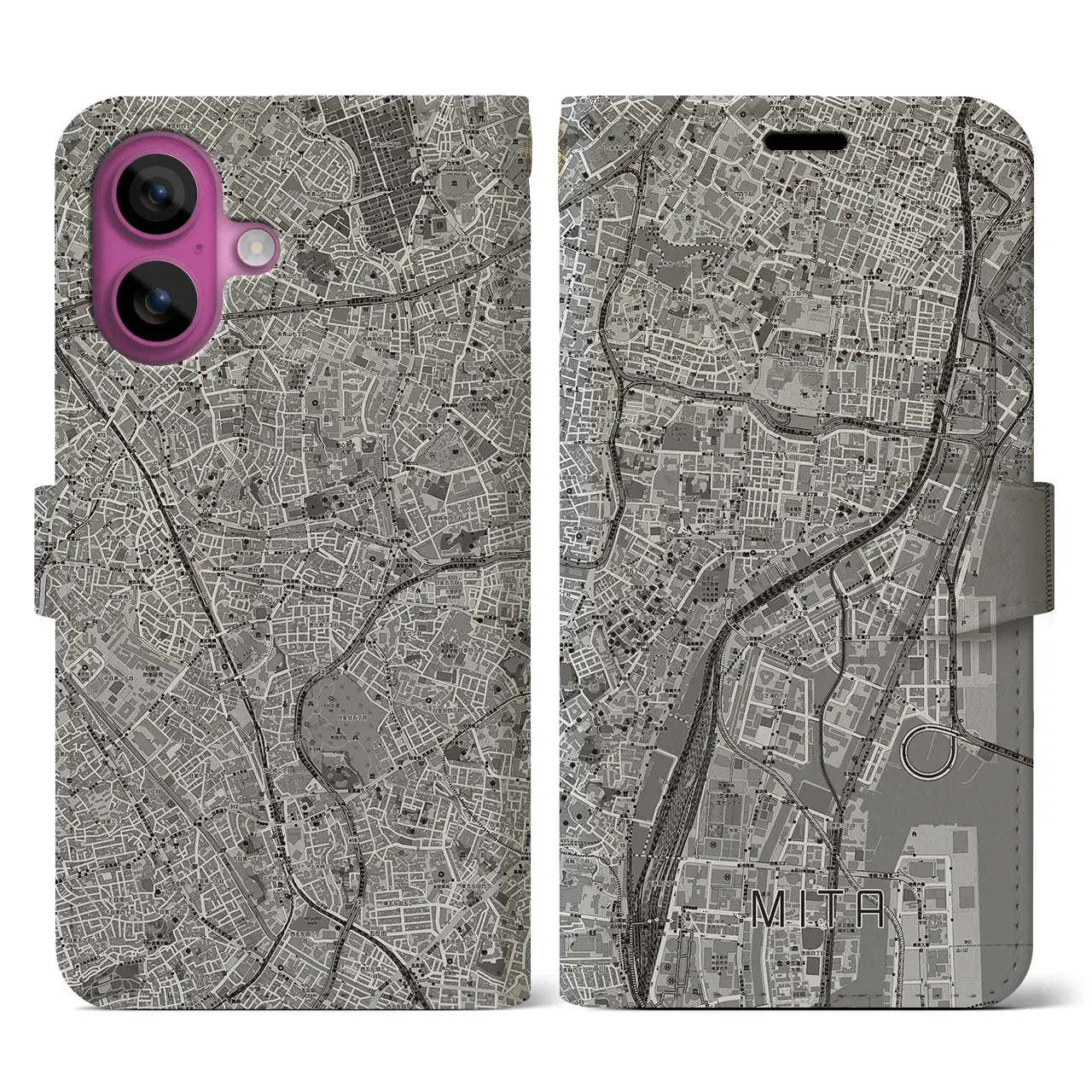 【三田(東京都)】地図柄iPhoneケース(手帳タイプ)モノトーン・iPhone 16 Pro 用