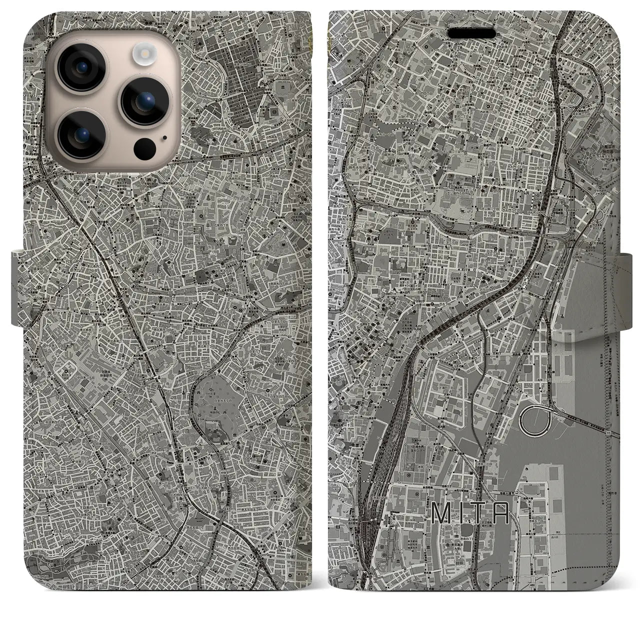 【三田(東京都)】地図柄iPhoneケース(手帳タイプ)モノトーン・iPhone 16 Plus 用