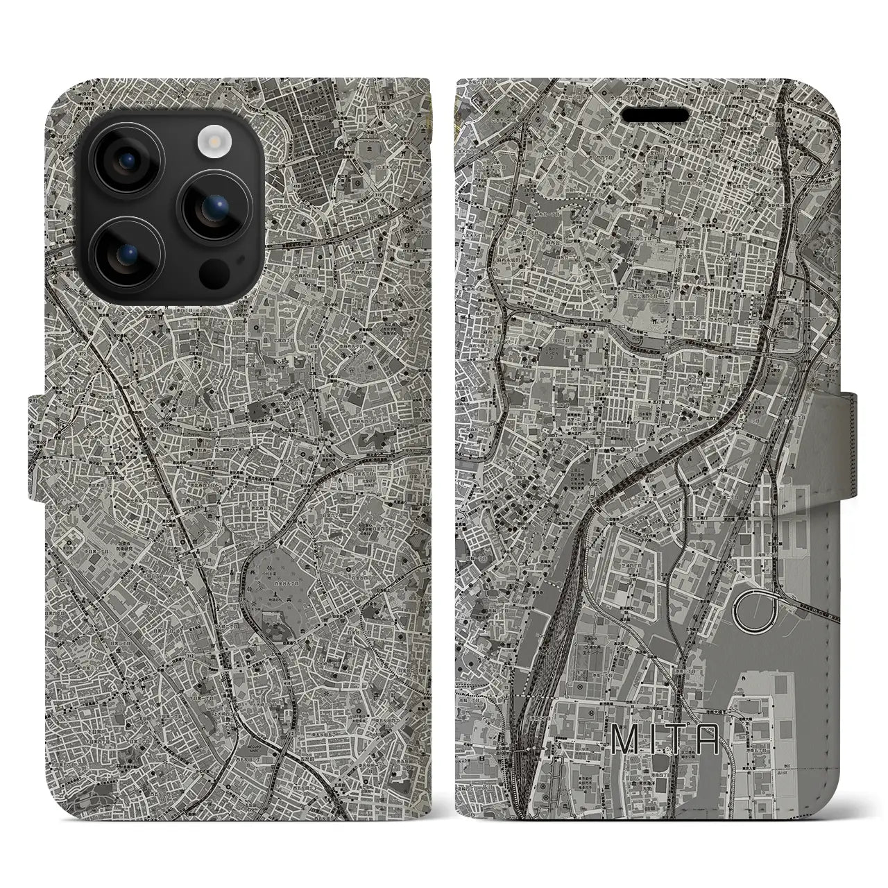 【三田(東京都)】地図柄iPhoneケース(手帳タイプ)モノトーン・iPhone 16 用