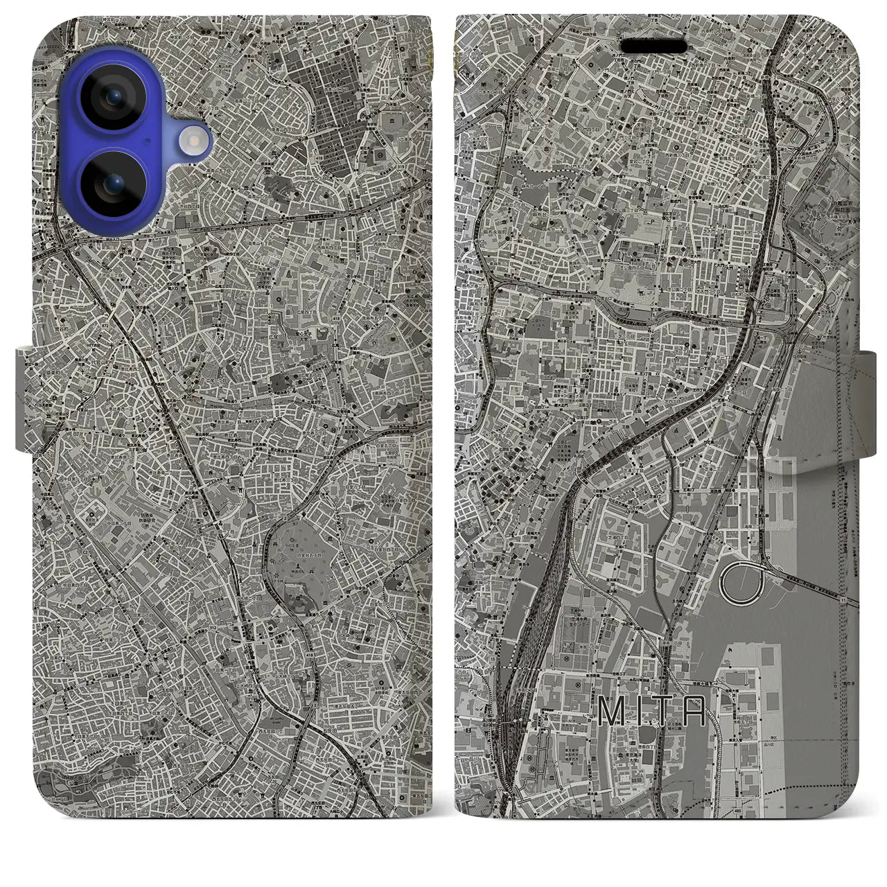 【三田(東京都)】地図柄iPhoneケース(手帳タイプ)モノトーン・iPhone 16 Pro Max 用