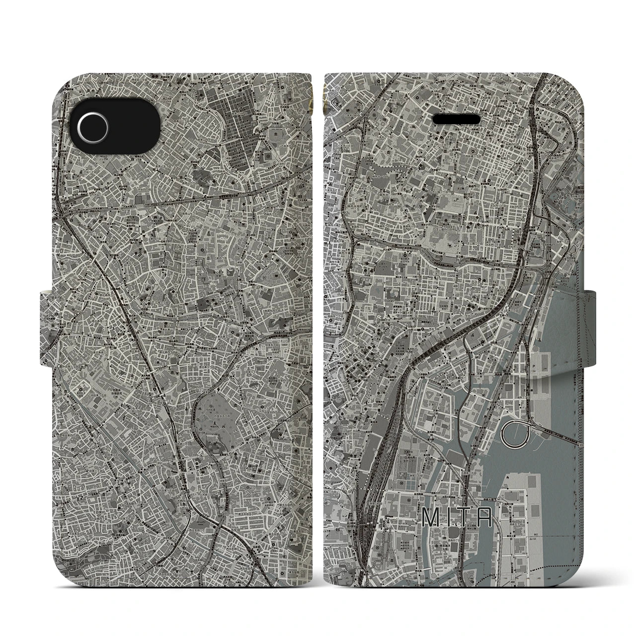 【三田(東京都)】地図柄iPhoneケース(手帳タイプ)モノトーン・iPhone SE(第3 / 第2世代) / 8 / 7 / 6s / 6 用