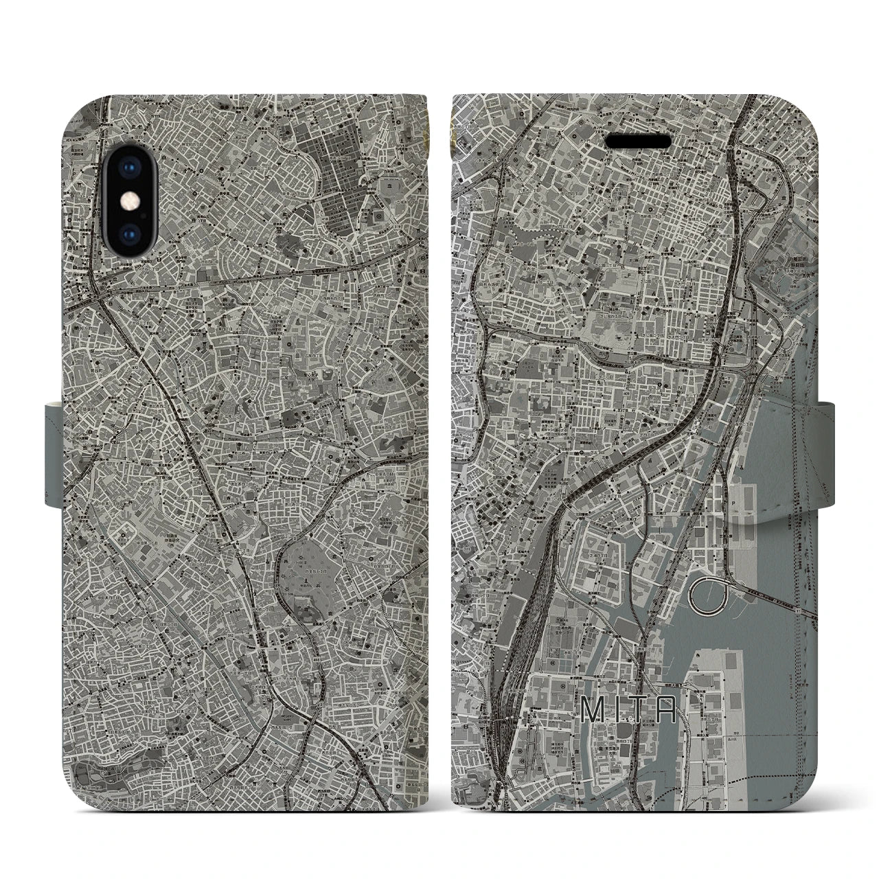 【三田(東京都)】地図柄iPhoneケース(手帳タイプ)モノトーン・iPhone XS / X 用