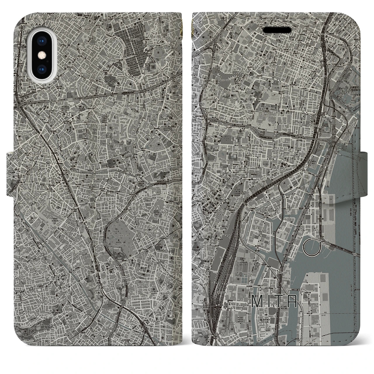【三田(東京都)】地図柄iPhoneケース(手帳タイプ)モノトーン・iPhone XS Max 用