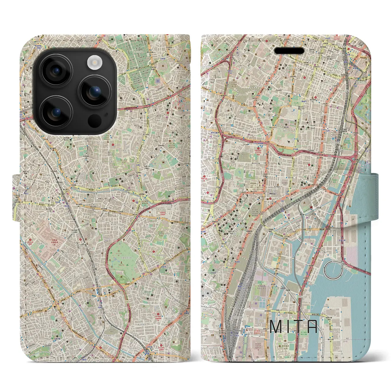【三田(東京都)】地図柄iPhoneケース(手帳タイプ)ナチュラル・iPhone 16 用