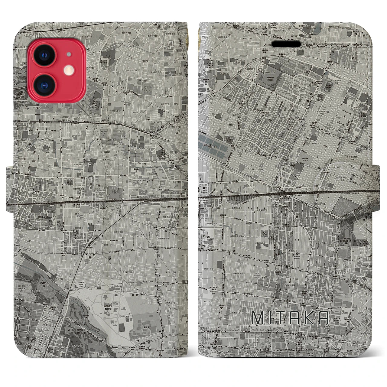 【三鷹(東京都)】地図柄iPhoneケース(手帳タイプ)モノトーン・iPhone 11 用