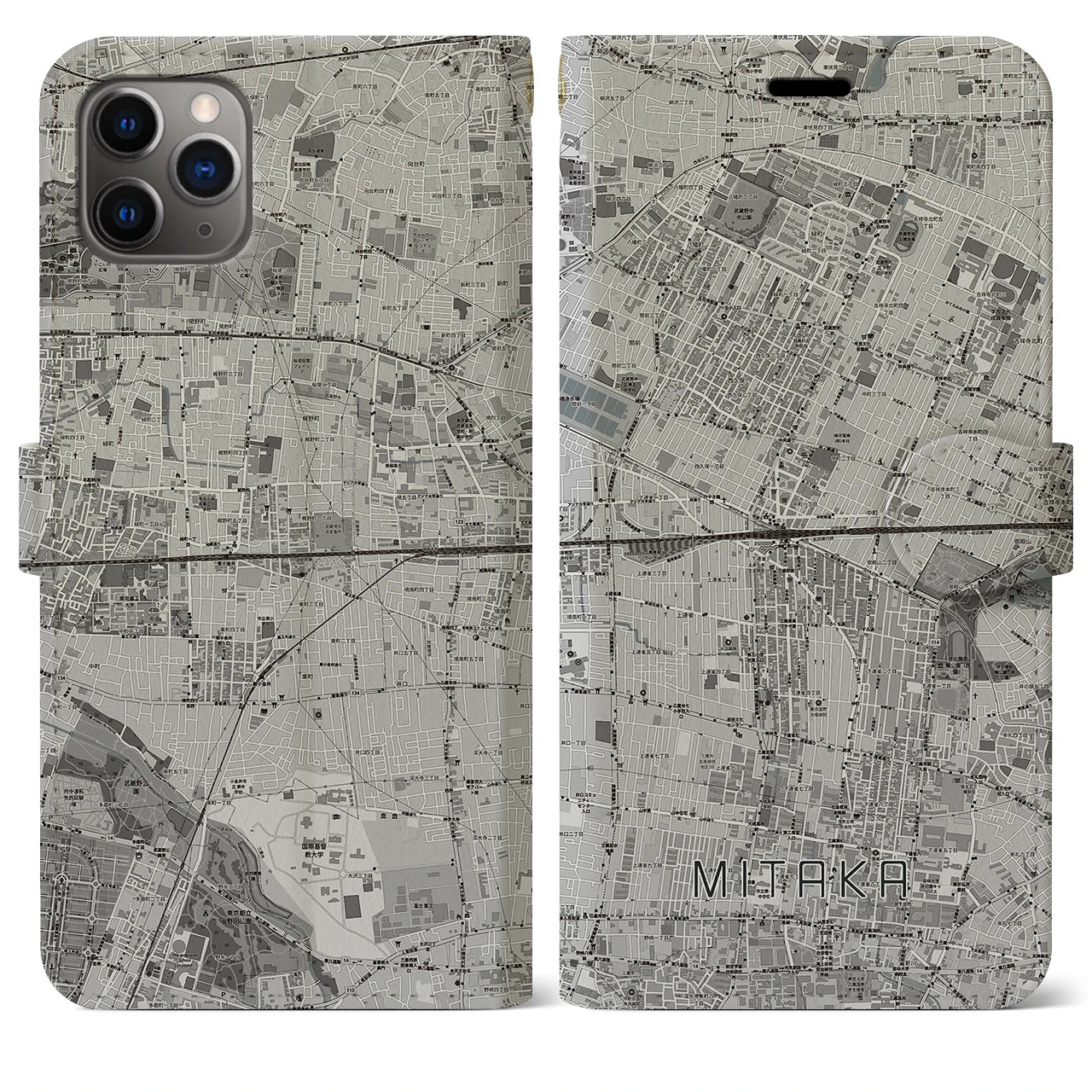 【三鷹(東京都)】地図柄iPhoneケース(手帳タイプ)モノトーン・iPhone 11 Pro Max 用