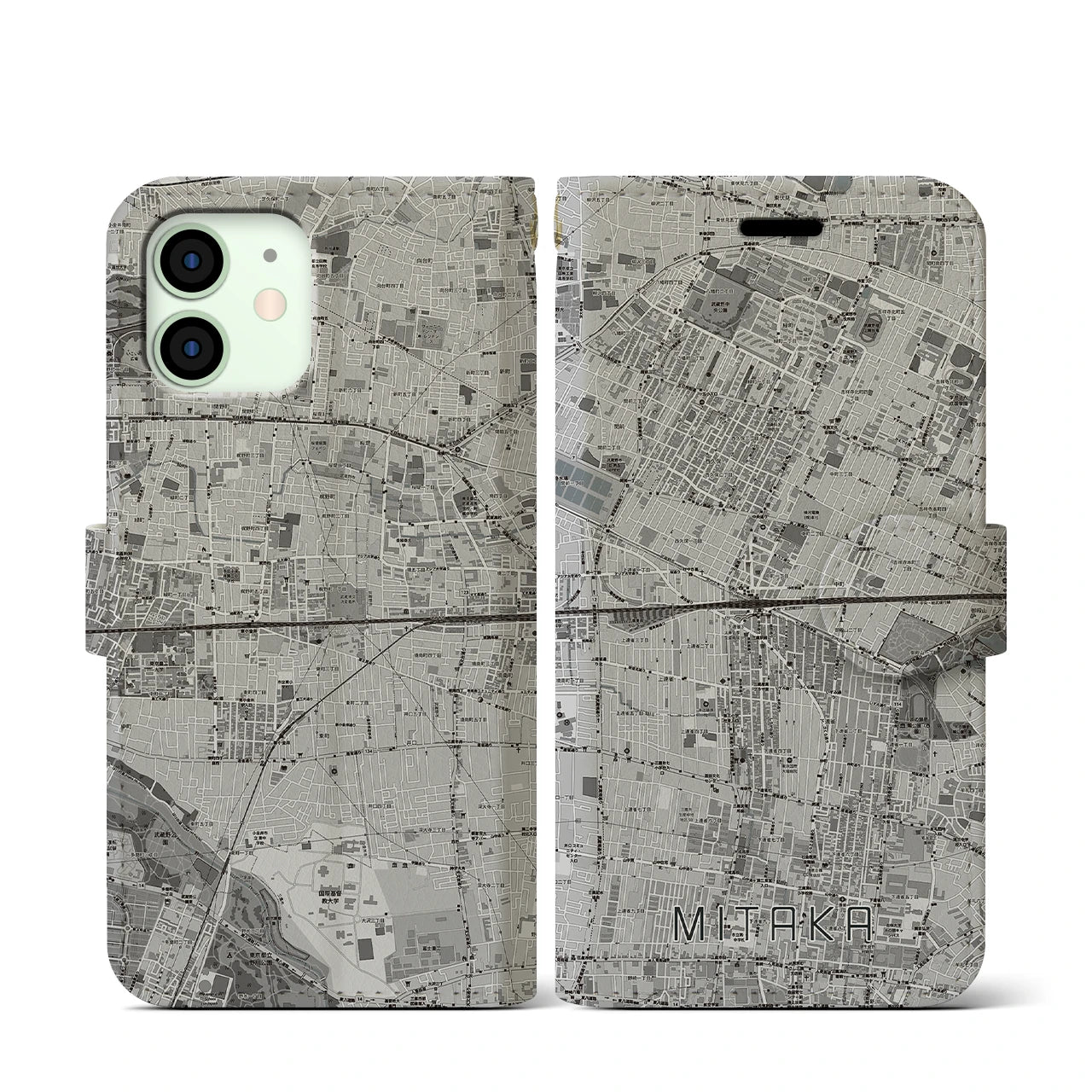 【三鷹(東京都)】地図柄iPhoneケース(手帳タイプ)モノトーン・iPhone 12 mini 用