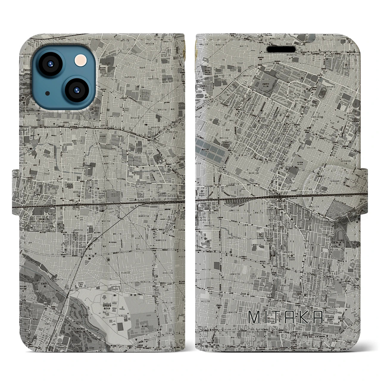 【三鷹(東京都)】地図柄iPhoneケース(手帳タイプ)モノトーン・iPhone 13 用