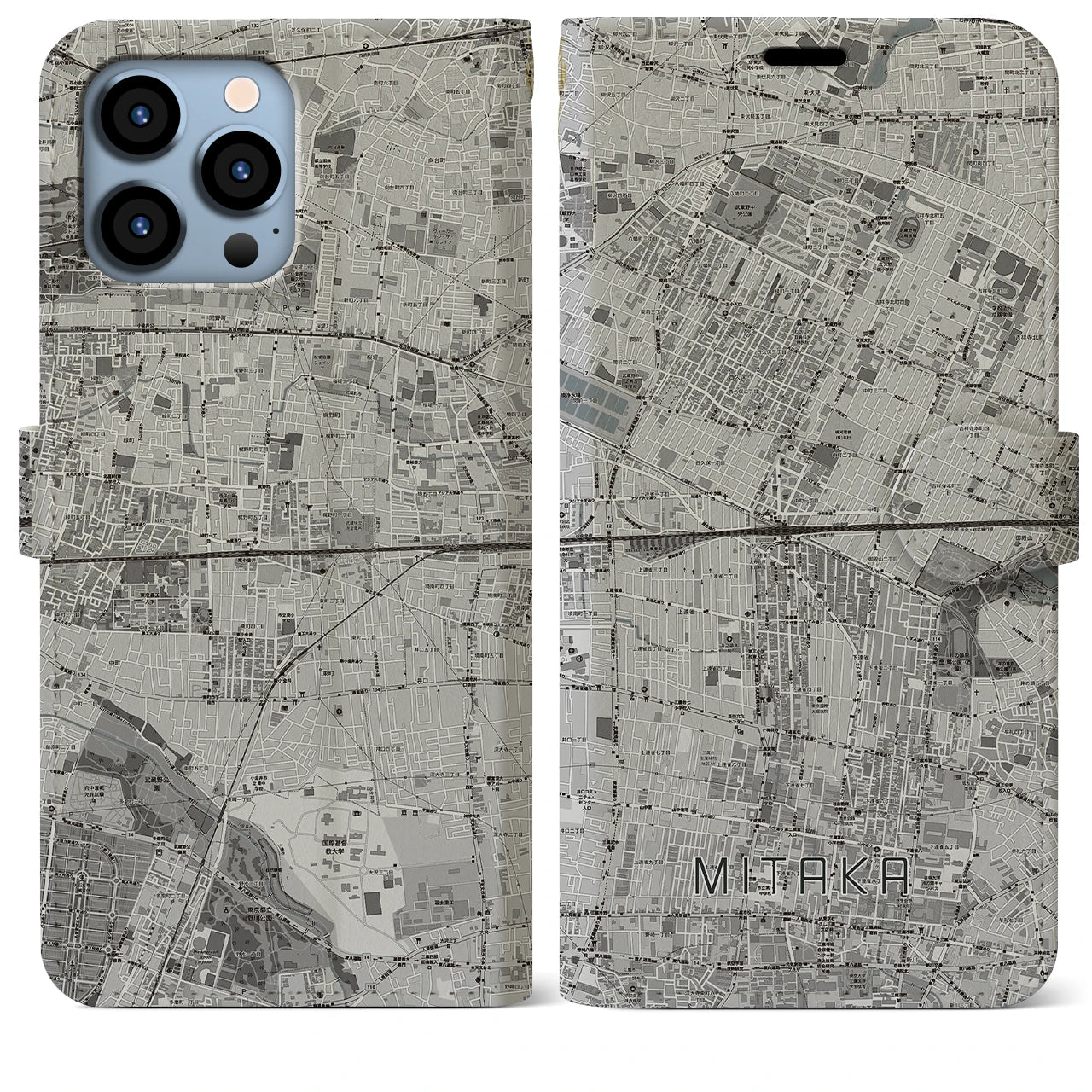 【三鷹(東京都)】地図柄iPhoneケース(手帳タイプ)モノトーン・iPhone 13 Pro Max 用