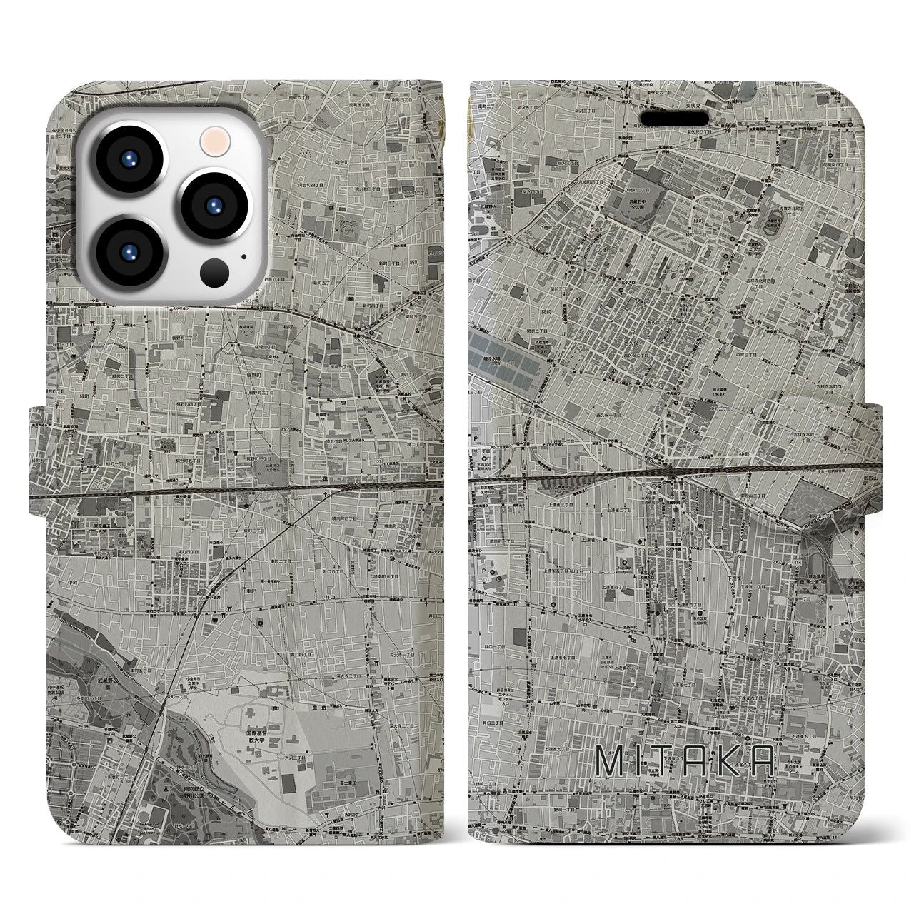 【三鷹(東京都)】地図柄iPhoneケース(手帳タイプ)モノトーン・iPhone 13 Pro 用