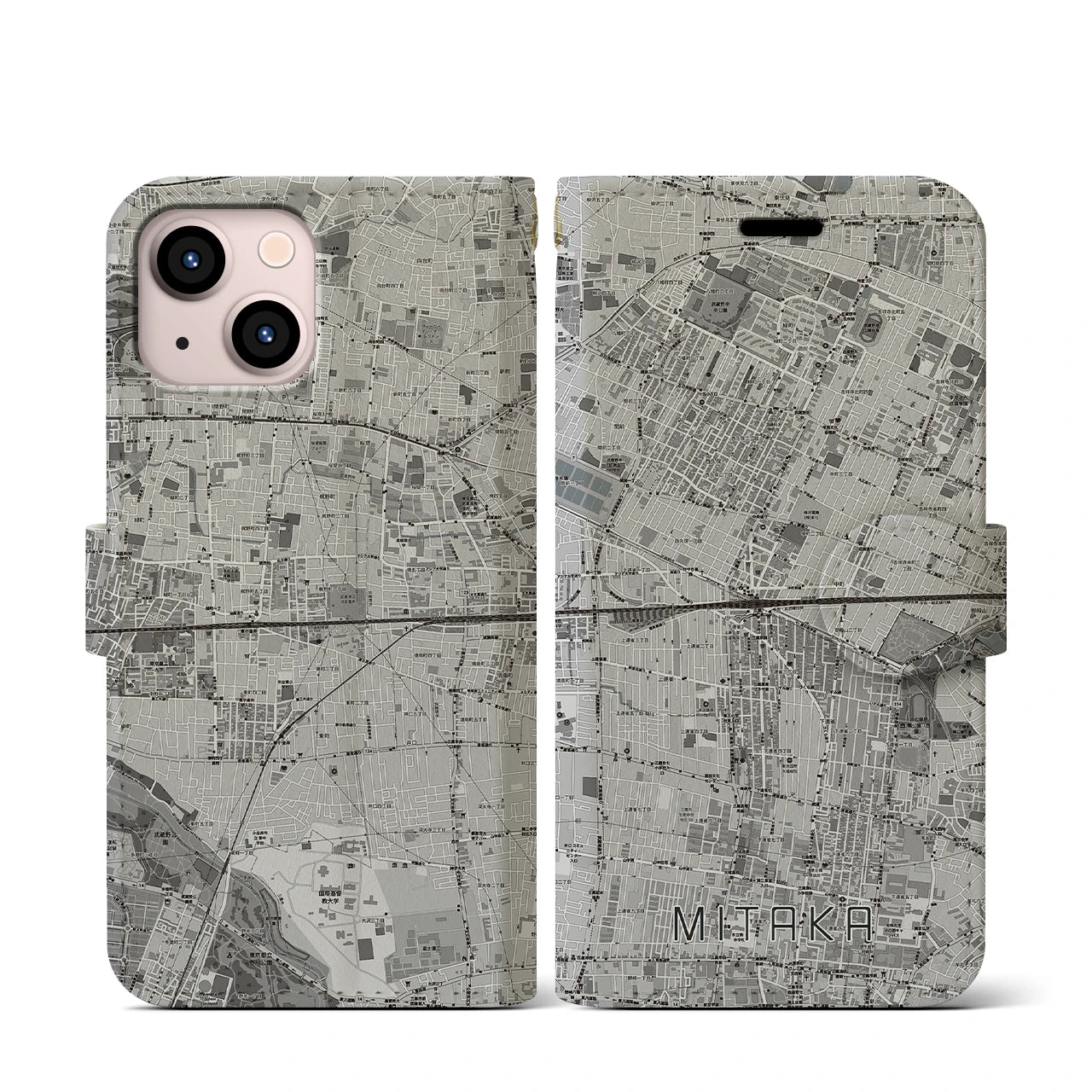 【三鷹(東京都)】地図柄iPhoneケース(手帳タイプ)モノトーン・iPhone 13 mini 用