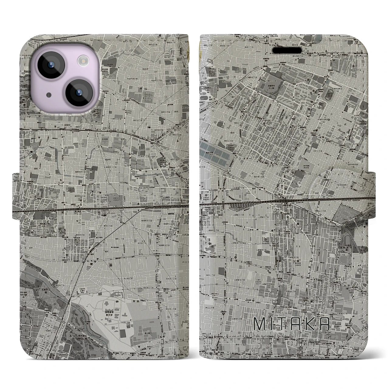【三鷹(東京都)】地図柄iPhoneケース(手帳タイプ)モノトーン・iPhone 14 用
