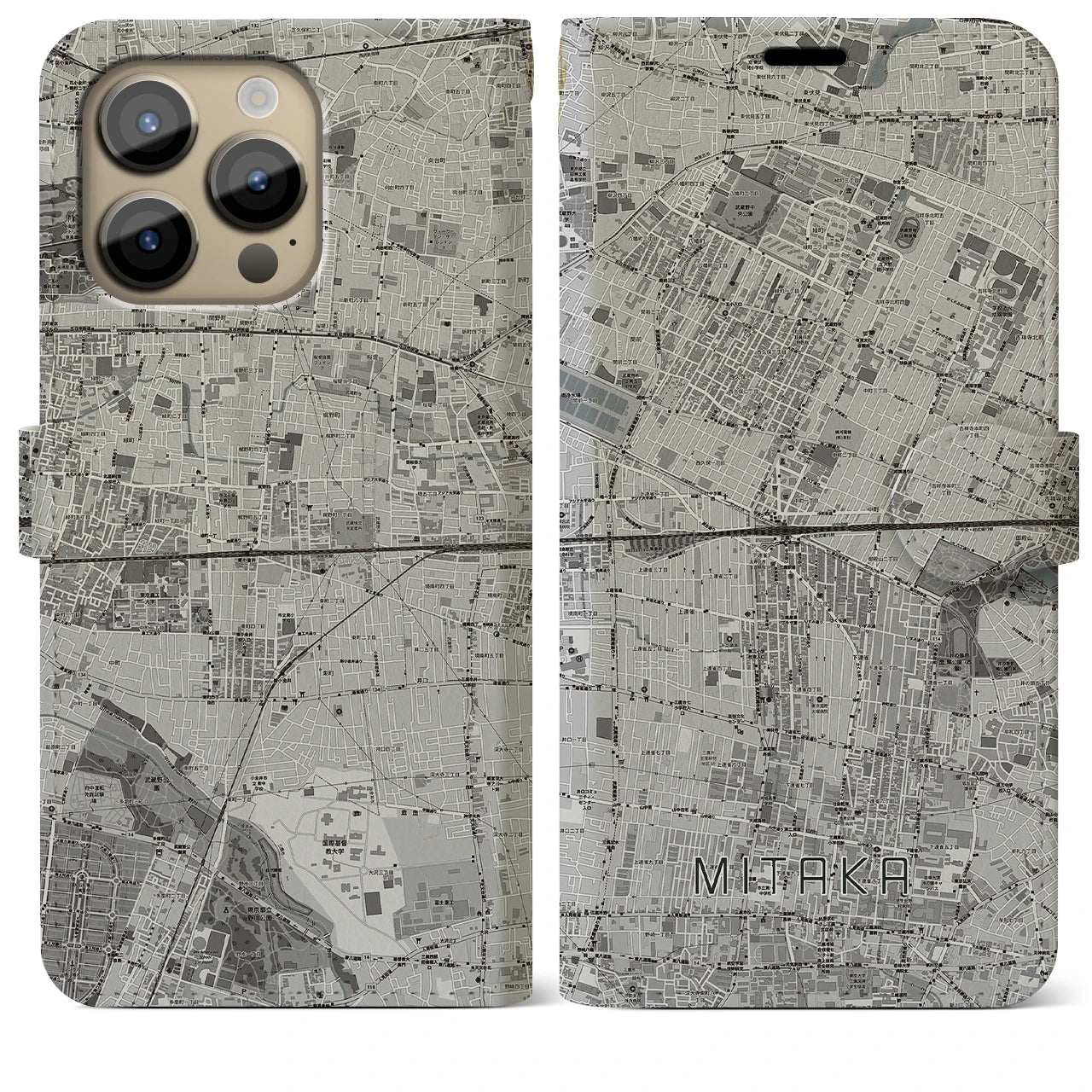 【三鷹(東京都)】地図柄iPhoneケース(手帳タイプ)モノトーン・iPhone 14 Pro Max 用
