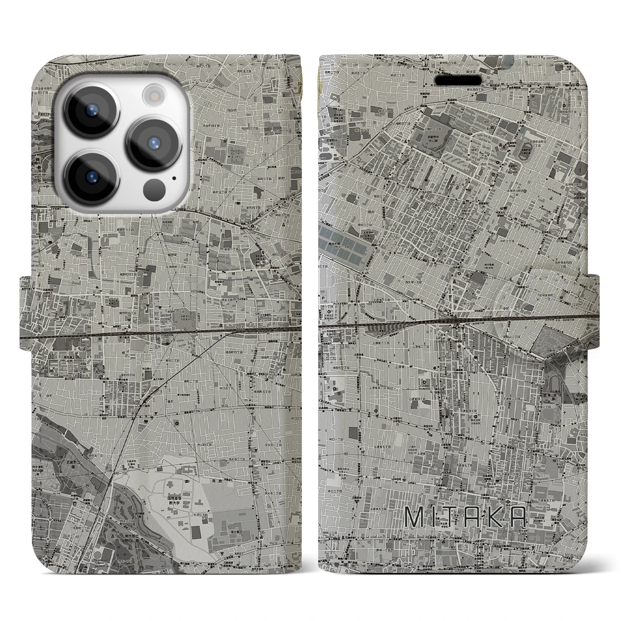 【三鷹(東京都)】地図柄iPhoneケース(手帳タイプ)モノトーン・iPhone 14 Pro 用