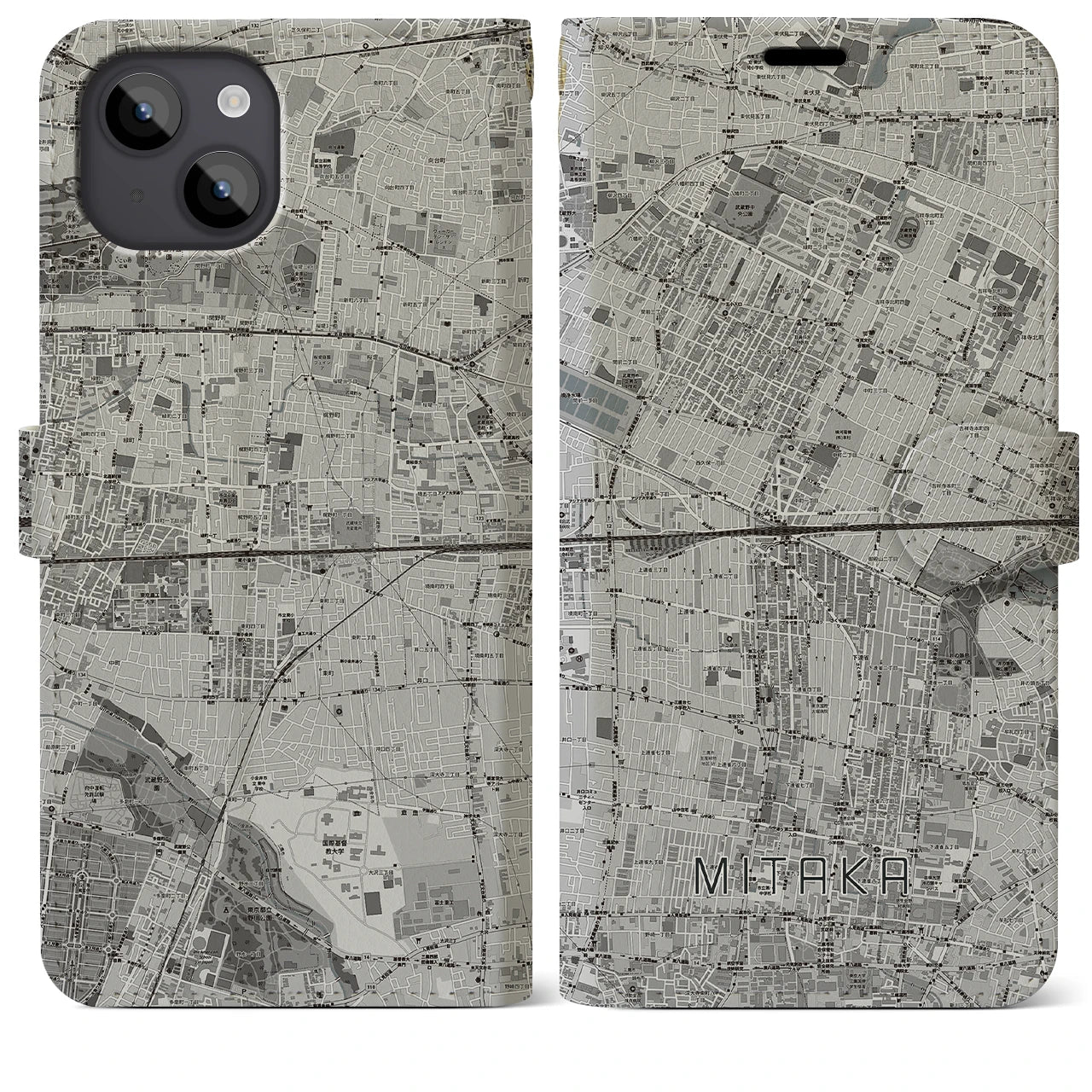 【三鷹(東京都)】地図柄iPhoneケース(手帳タイプ)モノトーン・iPhone 14 Plus 用