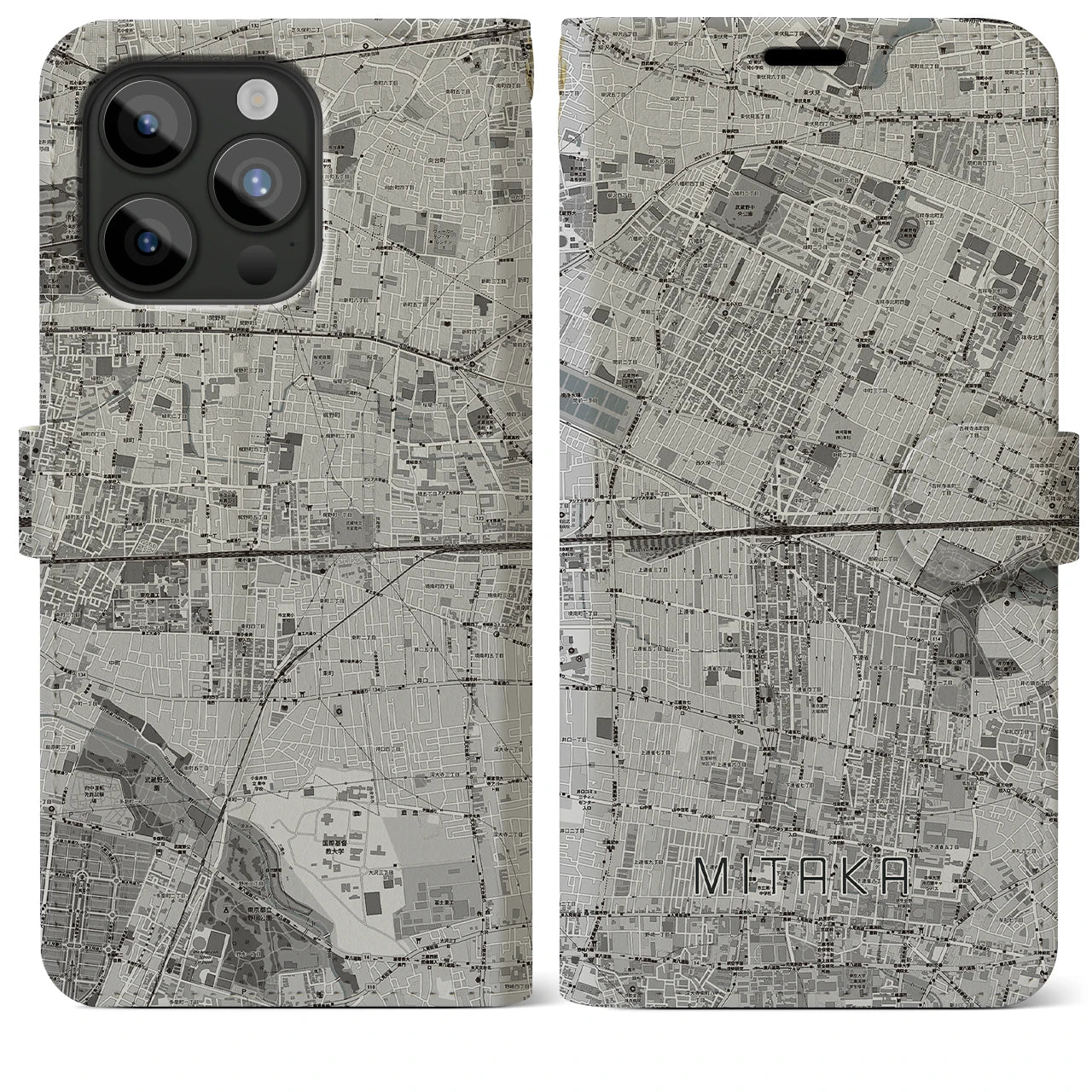 【三鷹(東京都)】地図柄iPhoneケース(手帳タイプ)モノトーン・iPhone 15 Pro Max 用