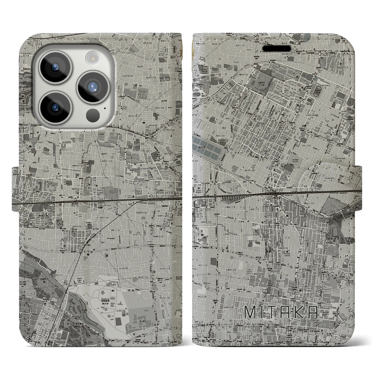 【三鷹(東京都)】地図柄iPhoneケース(手帳タイプ)モノトーン・iPhone 15 Pro 用