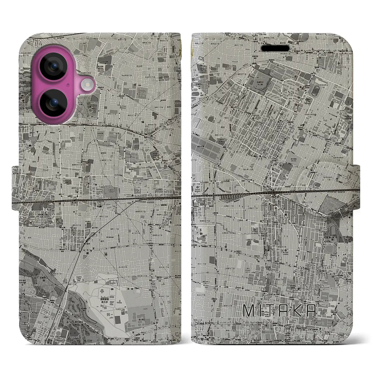 【三鷹(東京都)】地図柄iPhoneケース(手帳タイプ)モノトーン・iPhone 16 Pro 用