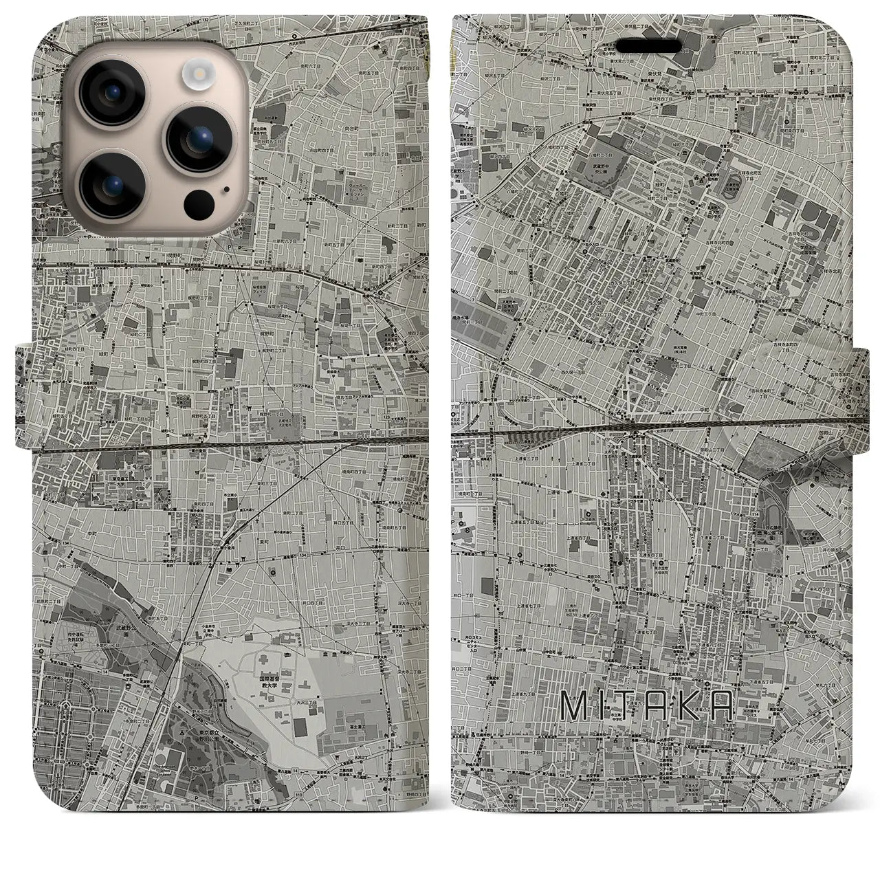 【三鷹(東京都)】地図柄iPhoneケース(手帳タイプ)モノトーン・iPhone 16 Plus 用