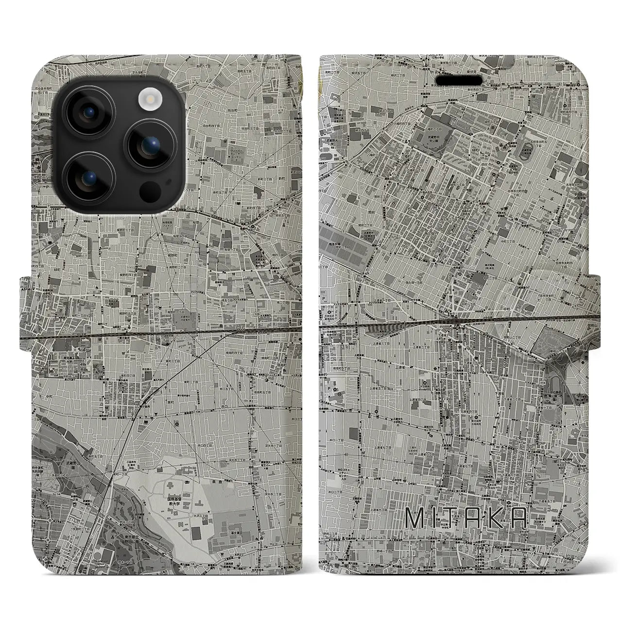 【三鷹(東京都)】地図柄iPhoneケース(手帳タイプ)モノトーン・iPhone 16 用