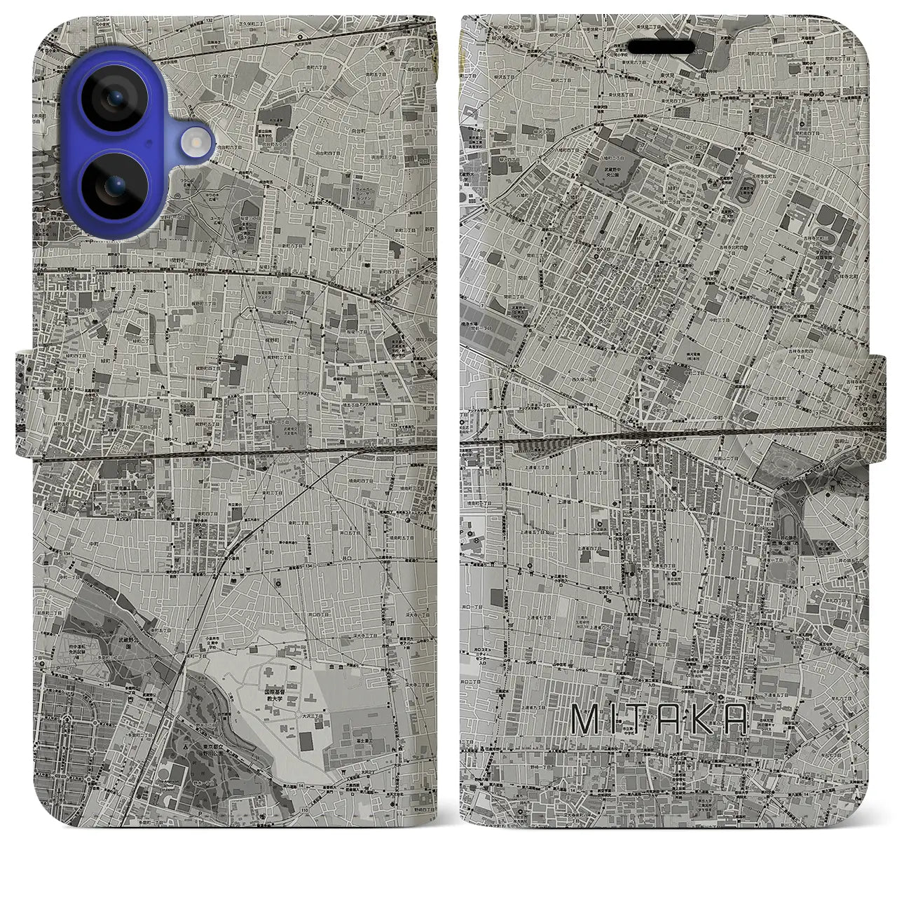 【三鷹(東京都)】地図柄iPhoneケース(手帳タイプ)モノトーン・iPhone 16 Pro Max 用