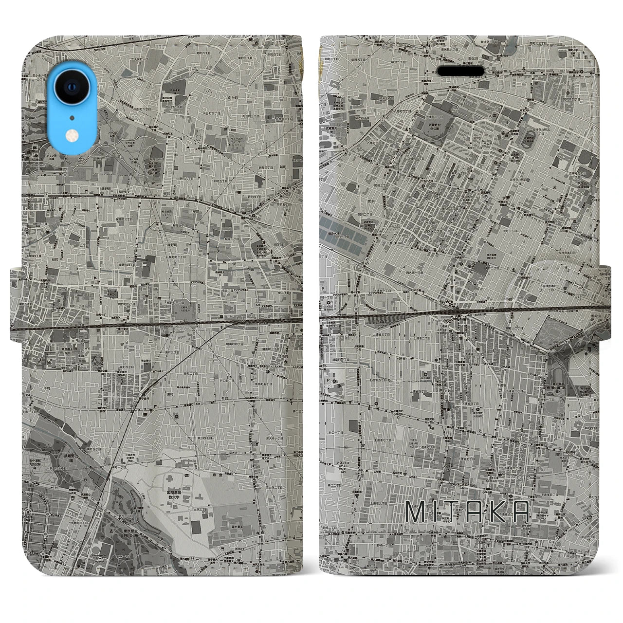 【三鷹(東京都)】地図柄iPhoneケース(手帳タイプ)モノトーン・iPhone XR 用