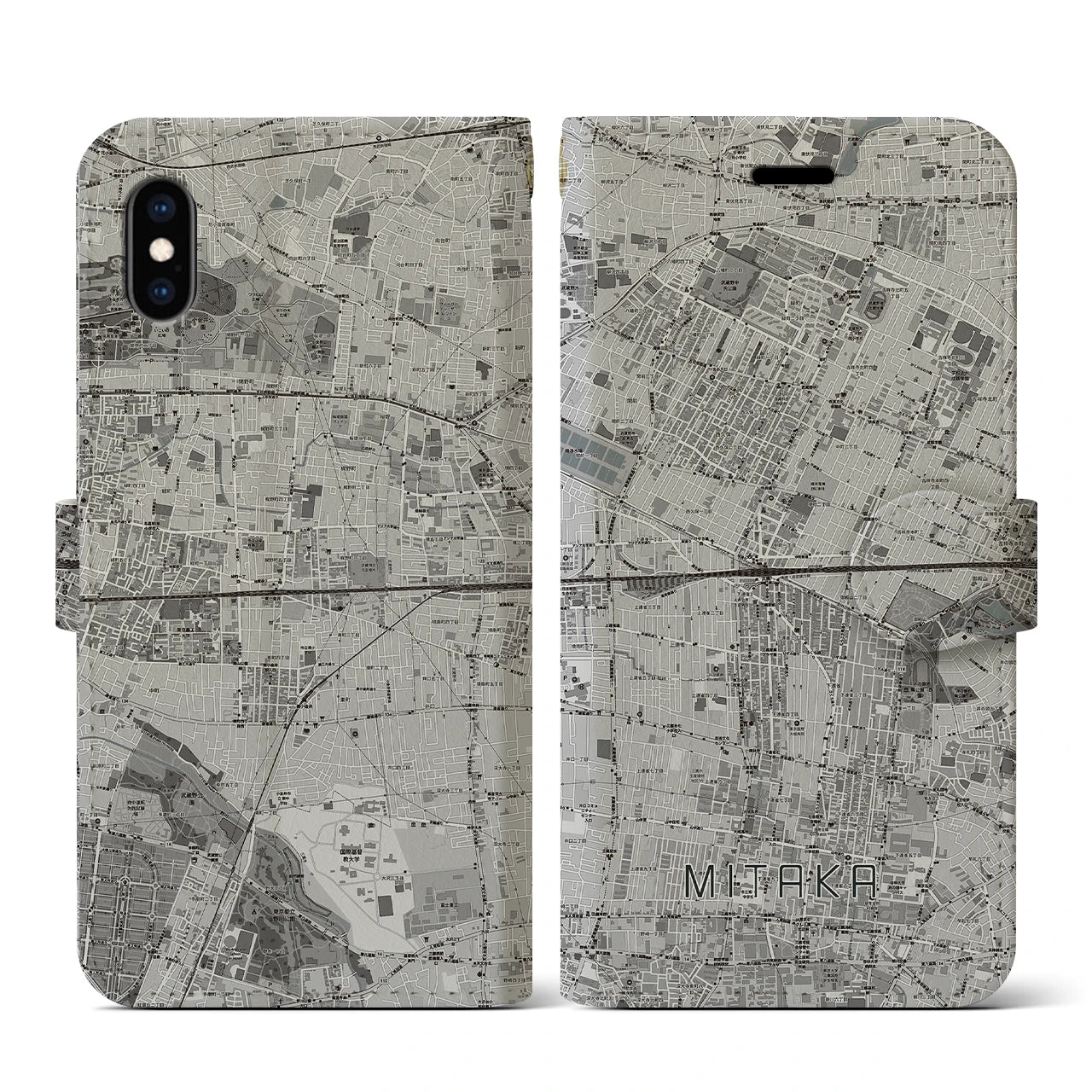 【三鷹(東京都)】地図柄iPhoneケース(手帳タイプ)モノトーン・iPhone XS / X 用