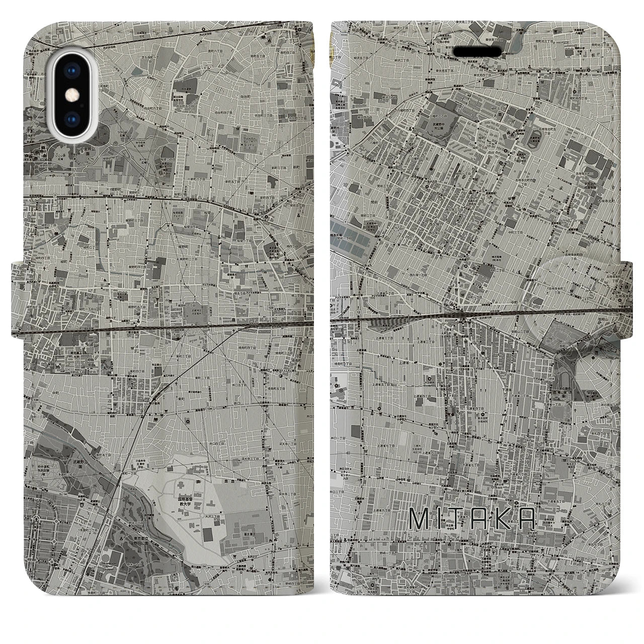 【三鷹(東京都)】地図柄iPhoneケース(手帳タイプ)モノトーン・iPhone XS Max 用