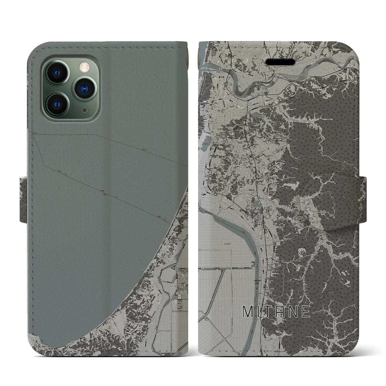 【三種(秋田県)】地図柄iPhoneケース(手帳タイプ)モノトーン・iPhone 11 Pro 用