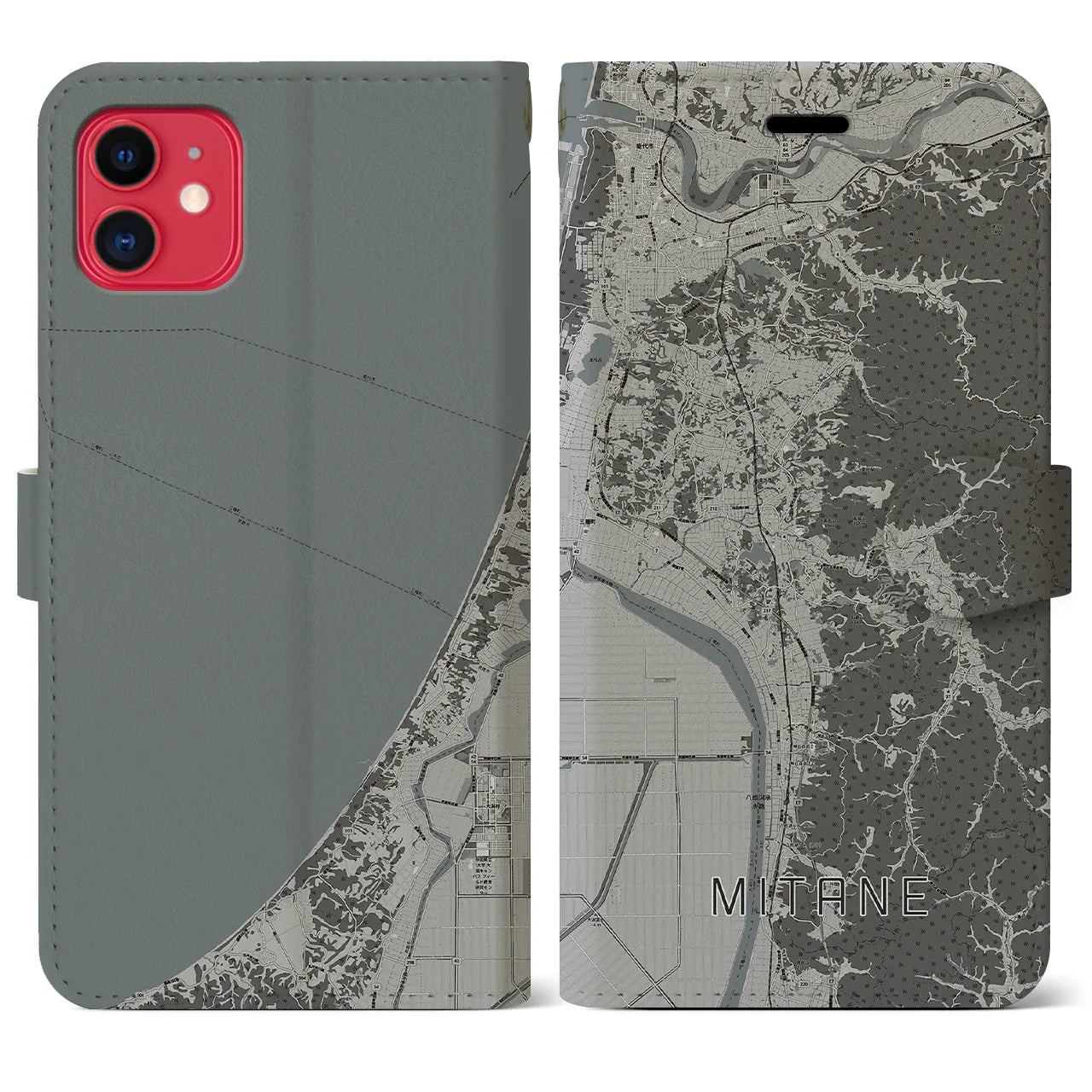【三種(秋田県)】地図柄iPhoneケース(手帳タイプ)モノトーン・iPhone 11 用