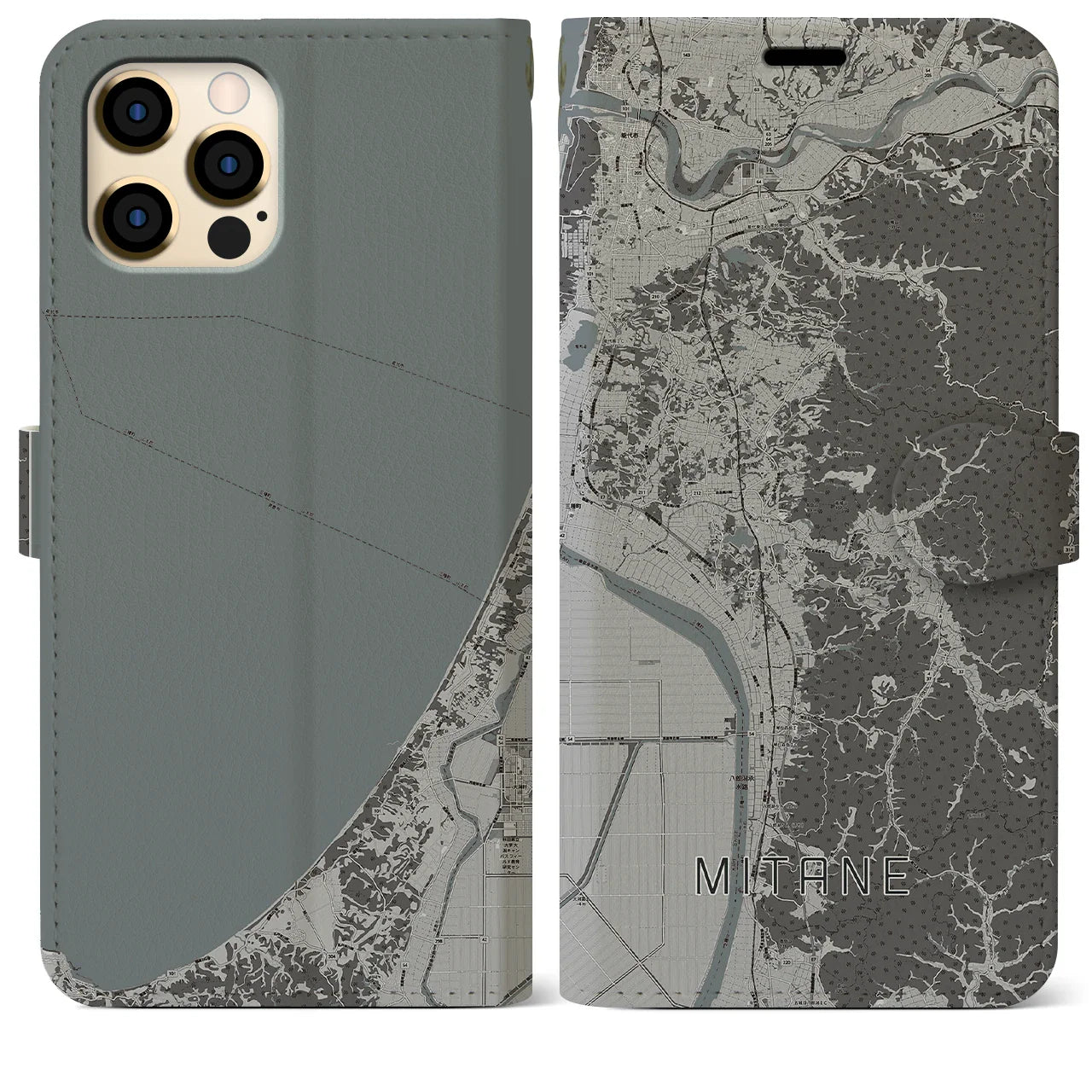 【三種(秋田県)】地図柄iPhoneケース(手帳タイプ)モノトーン・iPhone 12 Pro Max 用