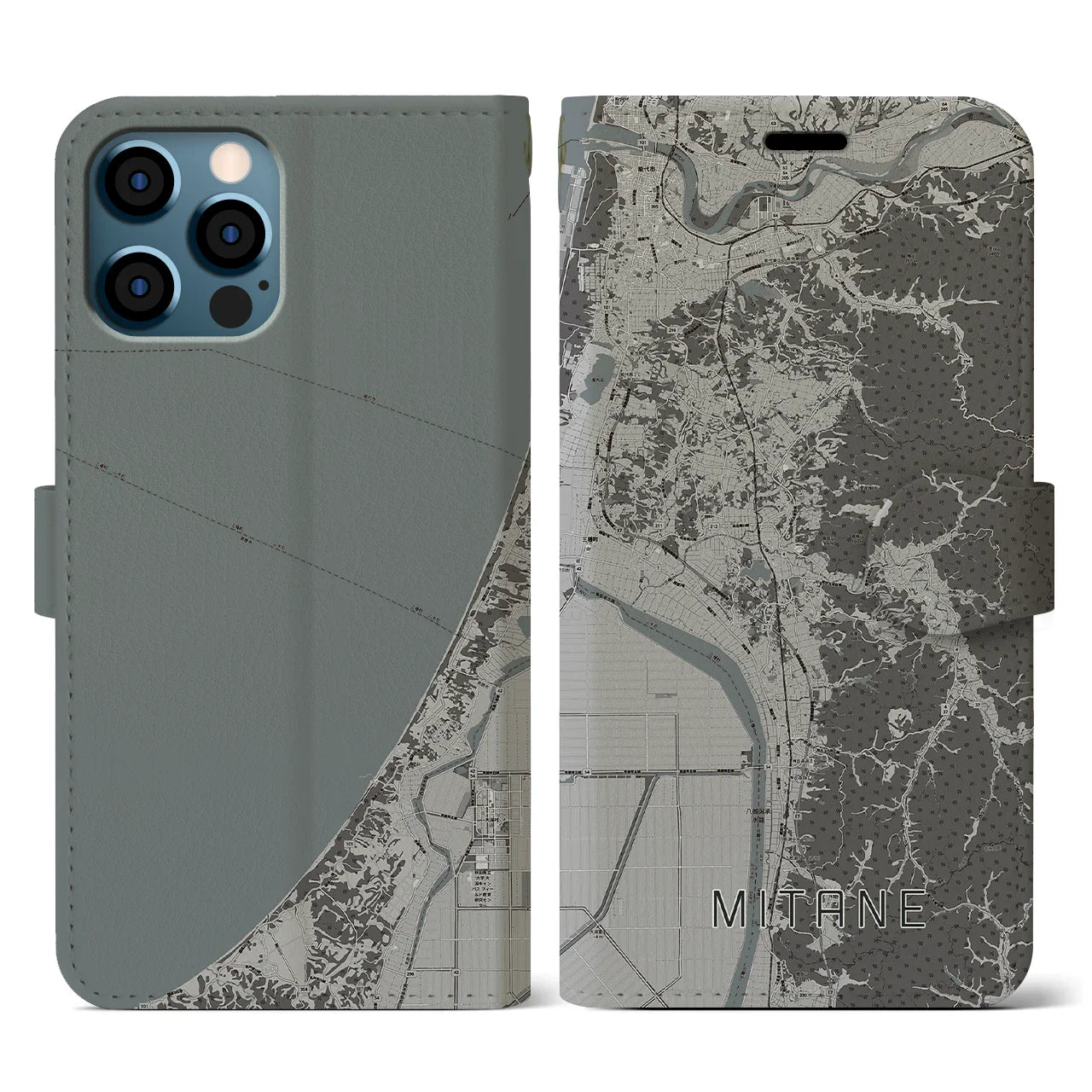 【三種(秋田県)】地図柄iPhoneケース(手帳タイプ)モノトーン・iPhone 12 / 12 Pro 用