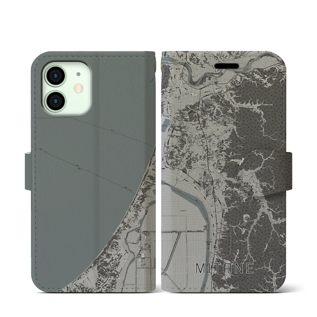 【三種(秋田県)】地図柄iPhoneケース(手帳タイプ)モノトーン・iPhone 12 mini 用