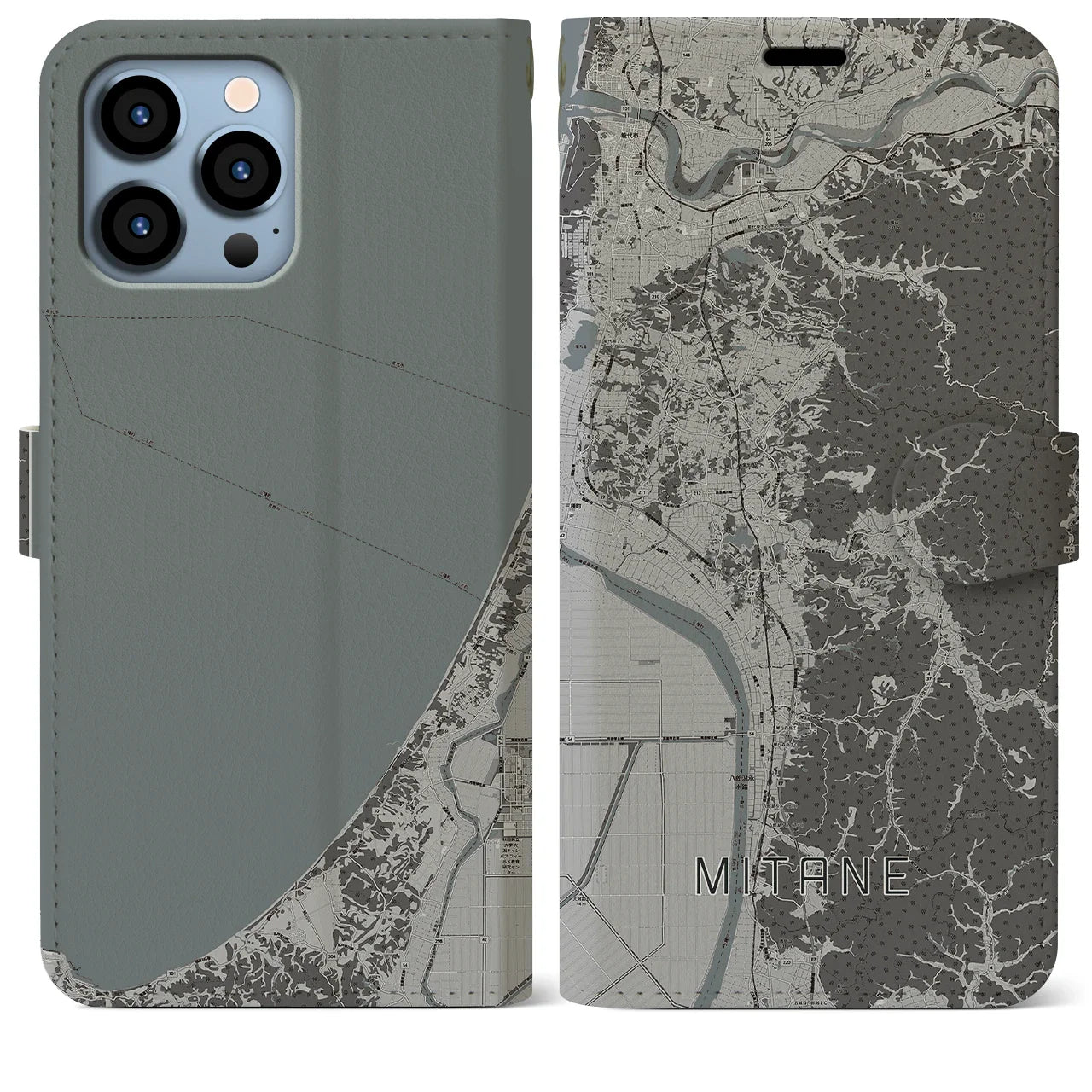 【三種(秋田県)】地図柄iPhoneケース(手帳タイプ)モノトーン・iPhone 13 Pro Max 用