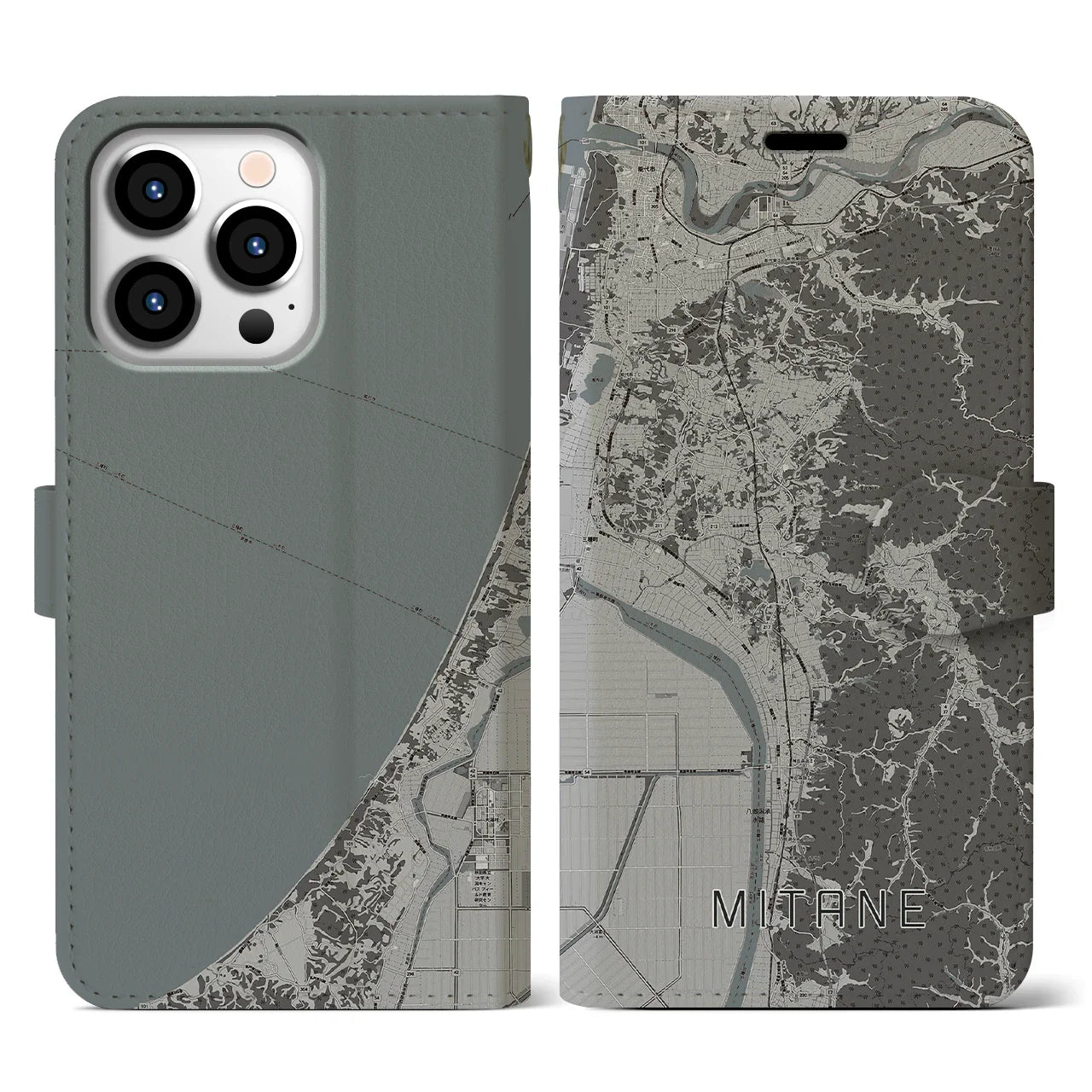 【三種(秋田県)】地図柄iPhoneケース(手帳タイプ)モノトーン・iPhone 13 Pro 用