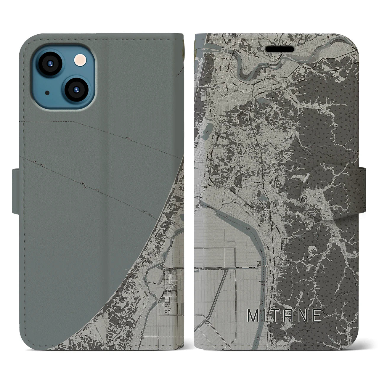 【三種(秋田県)】地図柄iPhoneケース(手帳タイプ)モノトーン・iPhone 13 用