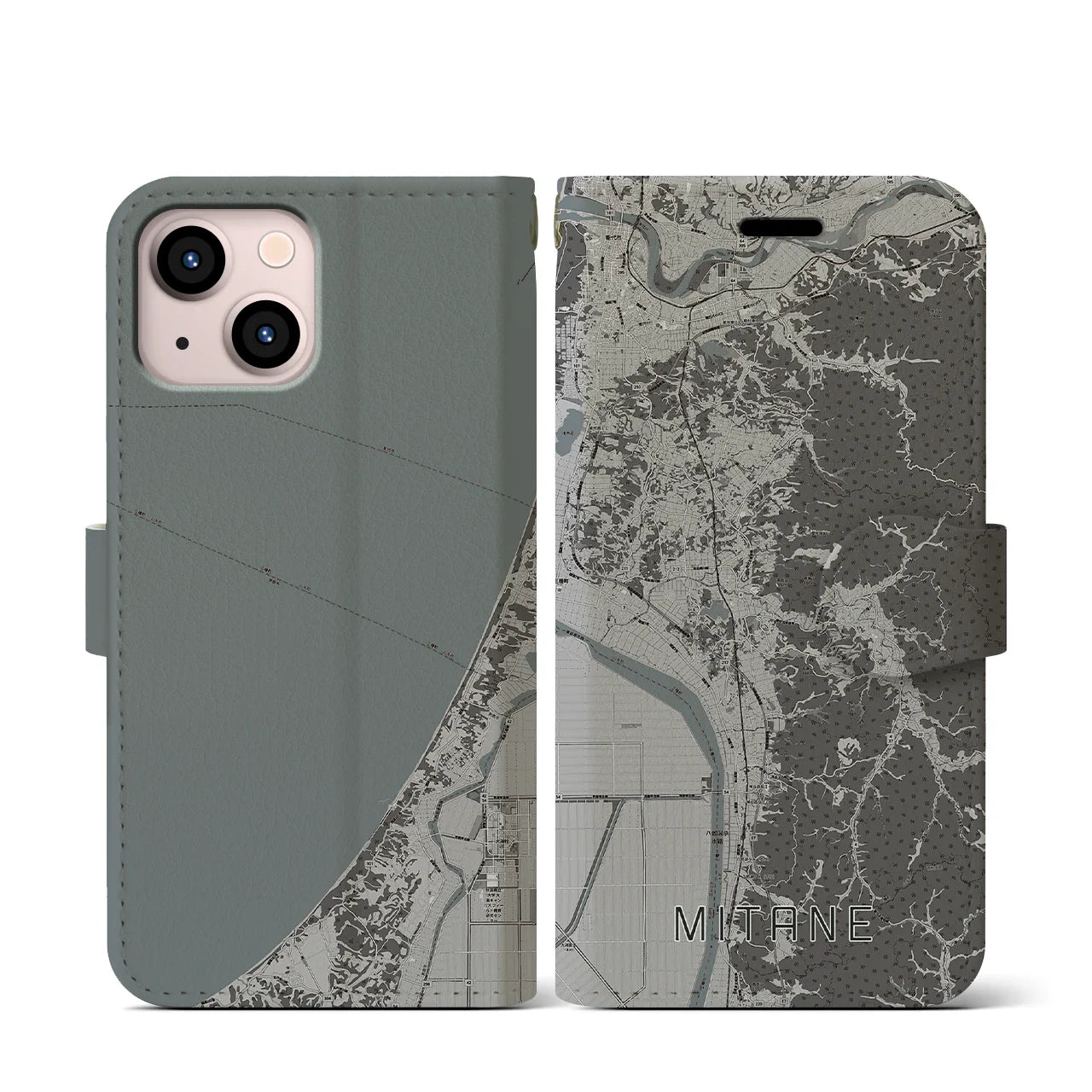 【三種(秋田県)】地図柄iPhoneケース(手帳タイプ)モノトーン・iPhone 13 mini 用