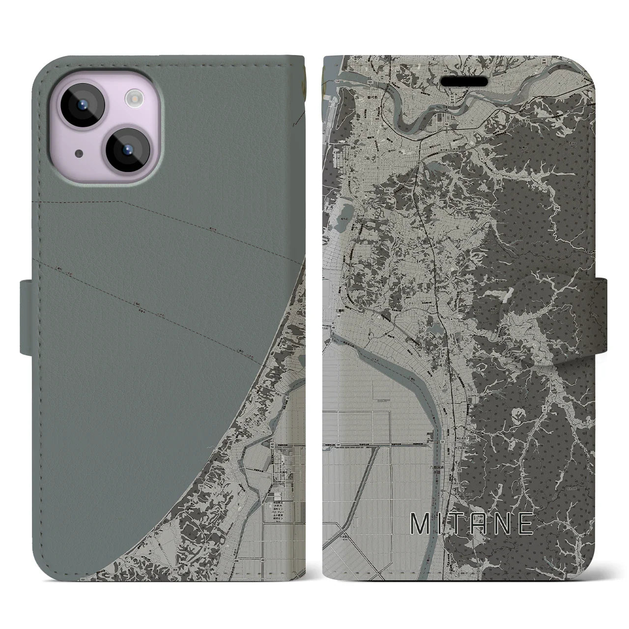 【三種(秋田県)】地図柄iPhoneケース(手帳タイプ)モノトーン・iPhone 14 用